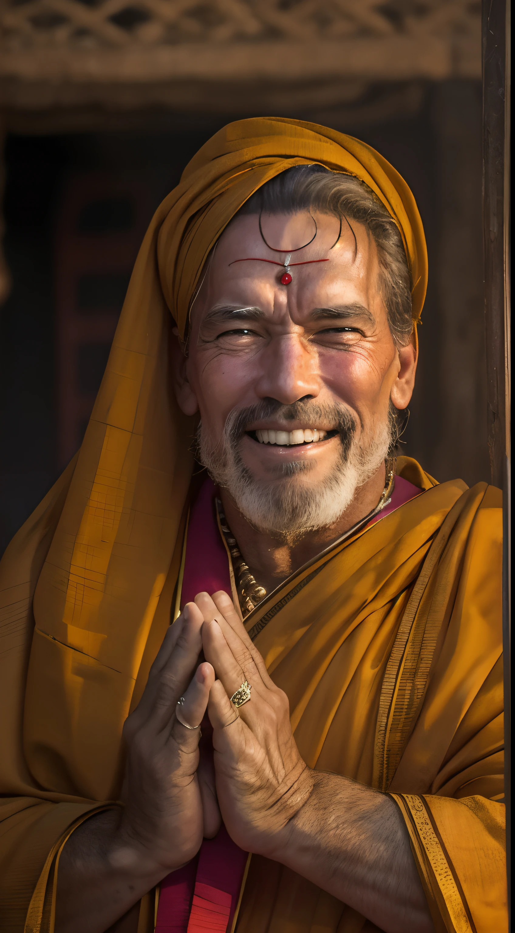Arnold Schwarzenegger, Smiling Face, cinematic portrait photo of a very interesting Arnold Schwarzenegger Wearing the saffron robes of a monk, Inspired by Sadhusant, Saffron clothes, folded hands, pray of God, Rudraksha beads, rudraksha in hand, ghat of varanasi, eyes close up, highly detailed vfx portrait, taken with a full frame camera with a wild lens,
