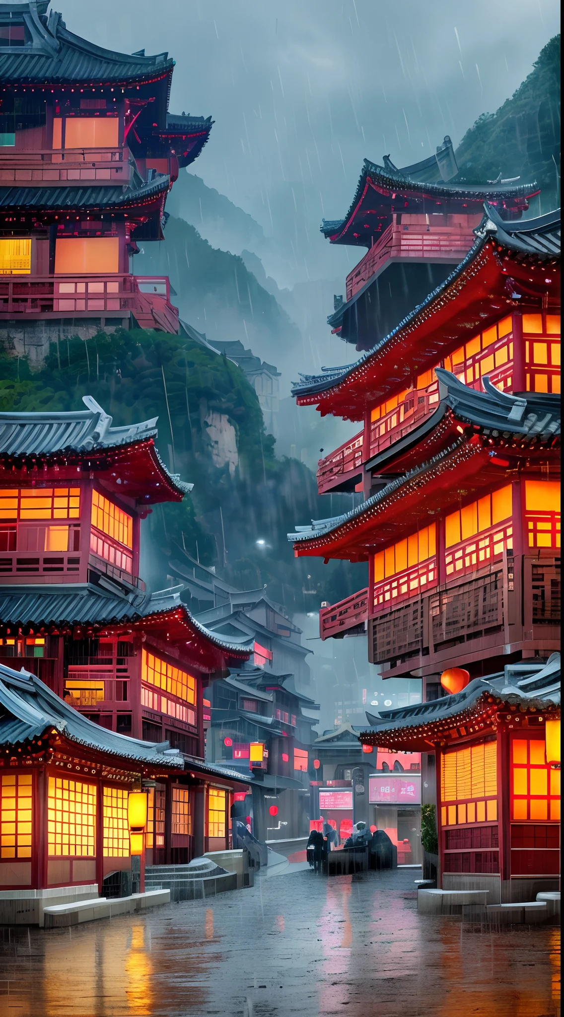 arafed view of a village with a lot of lights on the buildings, dreamy chinese town, chinese village, amazing wallpaper, japanese town, japanese village, hyper realistic photo of a town, old asian village, japanese city, by Raymond Han, rainy evening, cyberpunk chinese ancient castle, beautifully lit buildings, at evening during rain, beautiful and aesthetic, photography, cinematic, 8k, high detailed ((Heavy rain)))