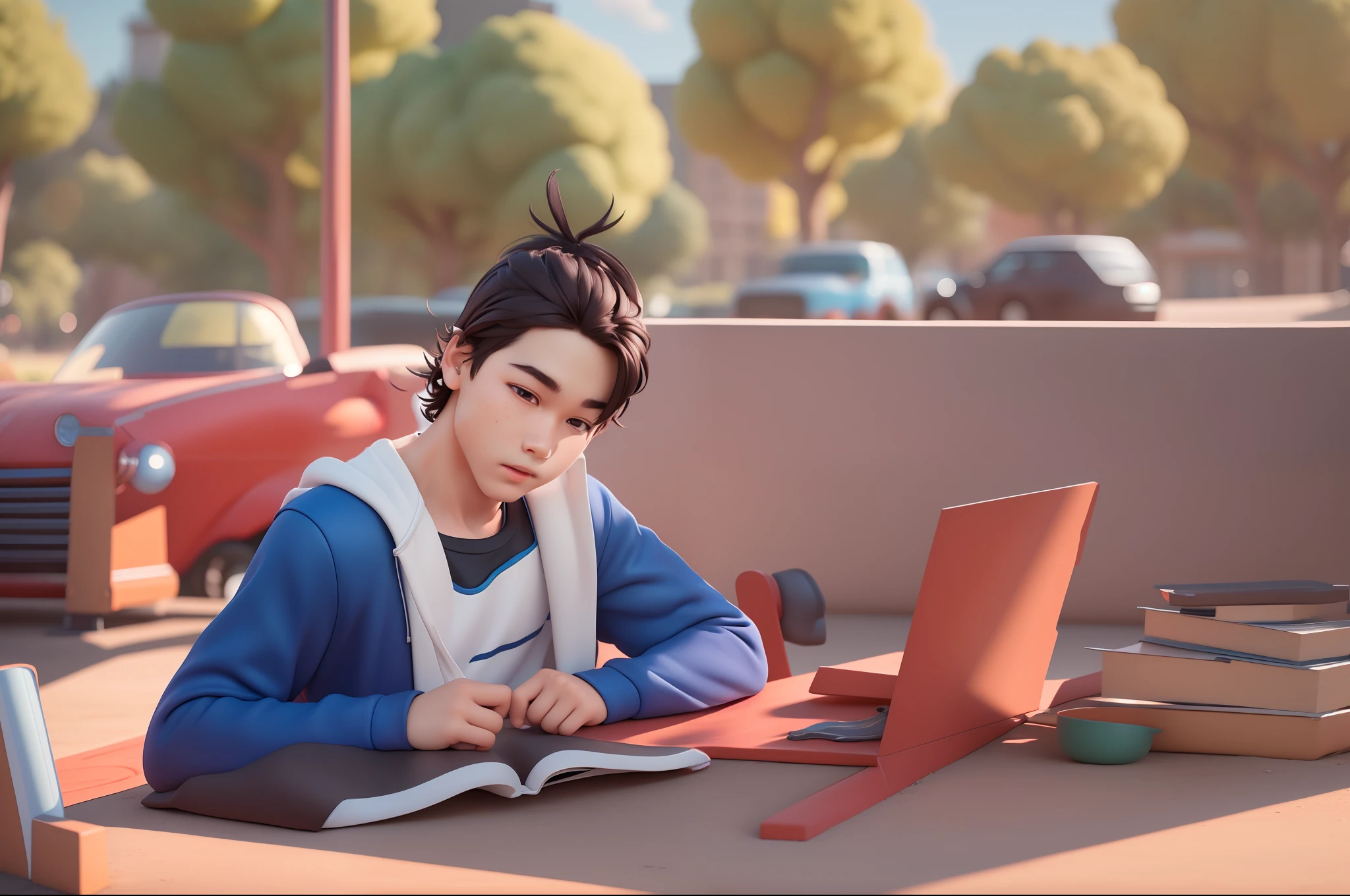 (Pixar 1.23 style) 1 boy ((upper body front, bust shot)), solo, cute kid, brunette, pretty tracksuit, boy, korean child, playground, ((masterpiece, highest quality)), (composite lighting)