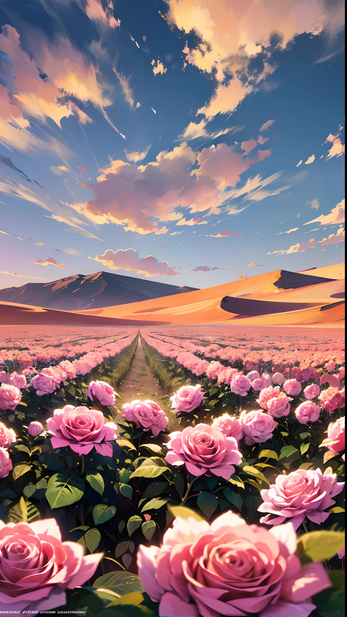 Summer, desert, pink clouds, a land overgrown with roses, James Gurney, art station rendering, ultra-wide lens, high definition --auto --s2