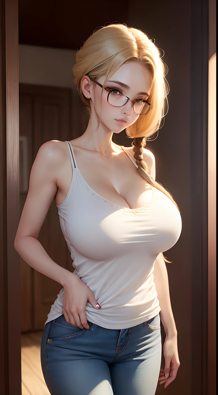 ((Best Picture Quality, tmasterpiece:1.3)), 1girl, Beautiful woman with slender abs:1.3, (Casual hairstyle, No leakage of big breasts:1.8), shift dresses:1.1, Ultra-fine face, A detailed eye, 二重まぶた, ssmile, Home, blonde hair, over-rim eyewear, shy, 8k