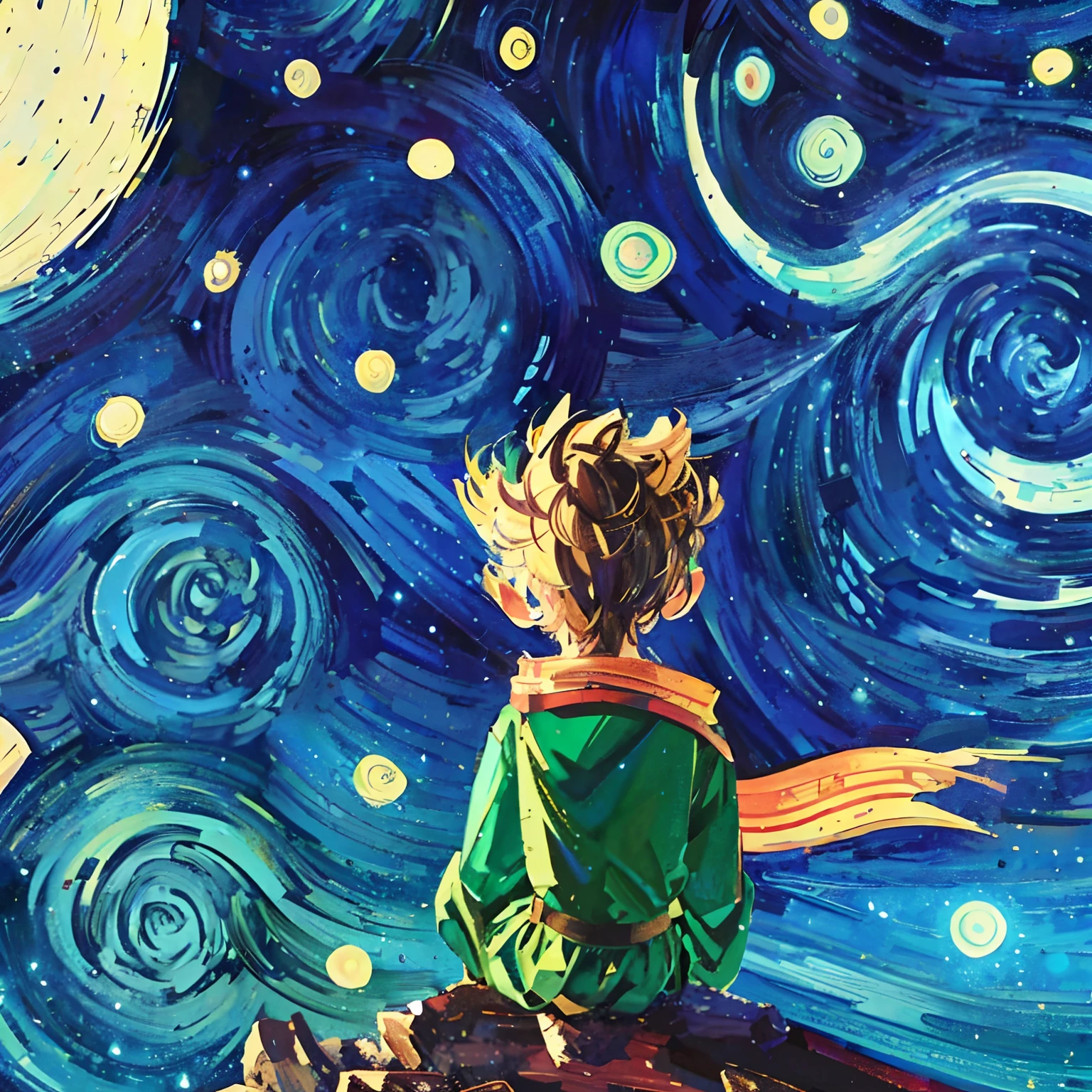 Draw a boy sitting on the prairie looking at the stars, the  prince, its a deep dream, stary night painting, ✏️🎨, digital cartoon painting art, painted digital art, looking to stars, in the starry night, vibrant cartoon art, epic art, digitial painting, looking at the stars, looking at the stars, stunning art style