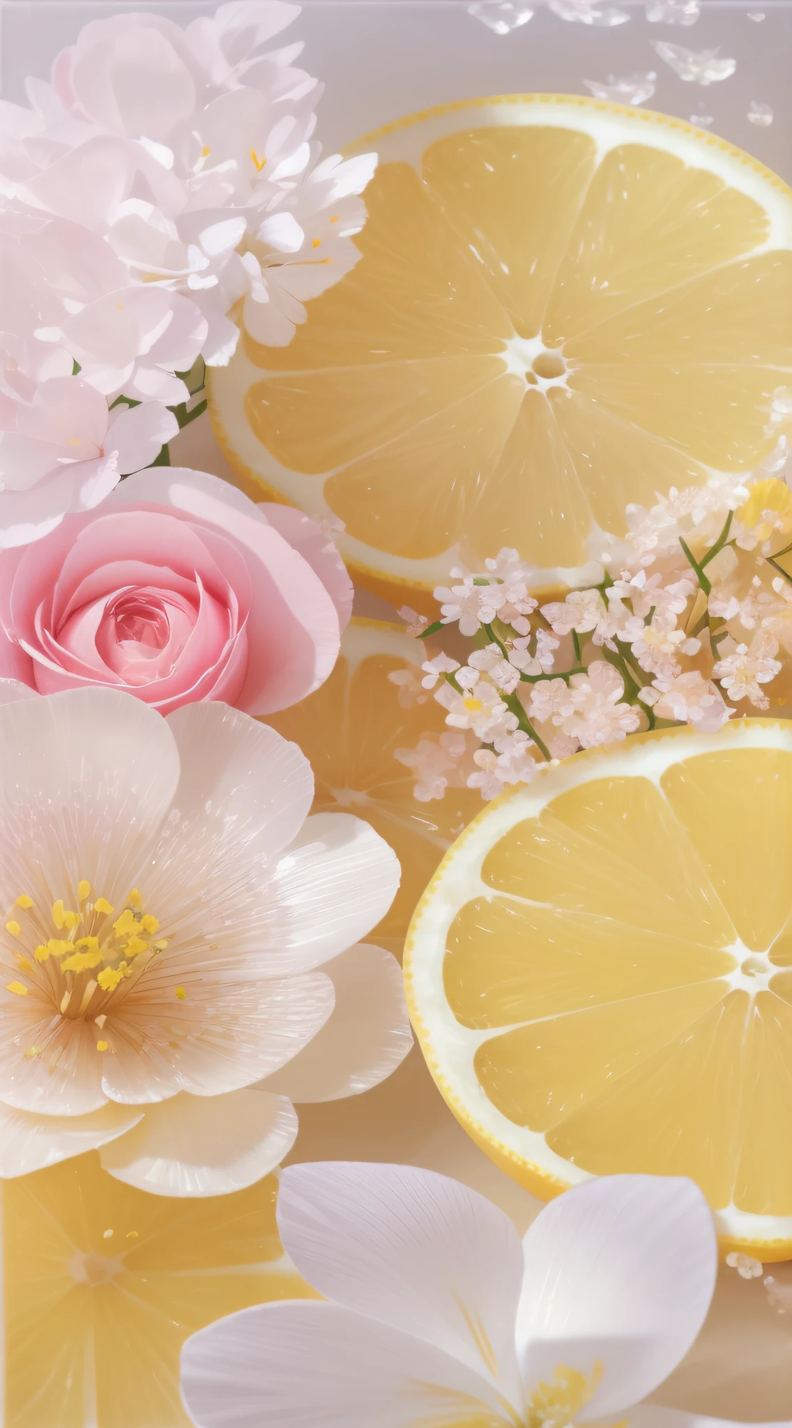 A bowl of water with lemon slices and flowers, with lemon skin texture, it has lemon skin texture, made of flowers and fruit, lemonade, fruit and flowers, 🐿🍸🍋, lemonlight, Pink and yellow, !!Natural beauty!!, photorealistic oil on canvas, made of fruit and flowers, lemon, photorealistic oil painting, Soft glow