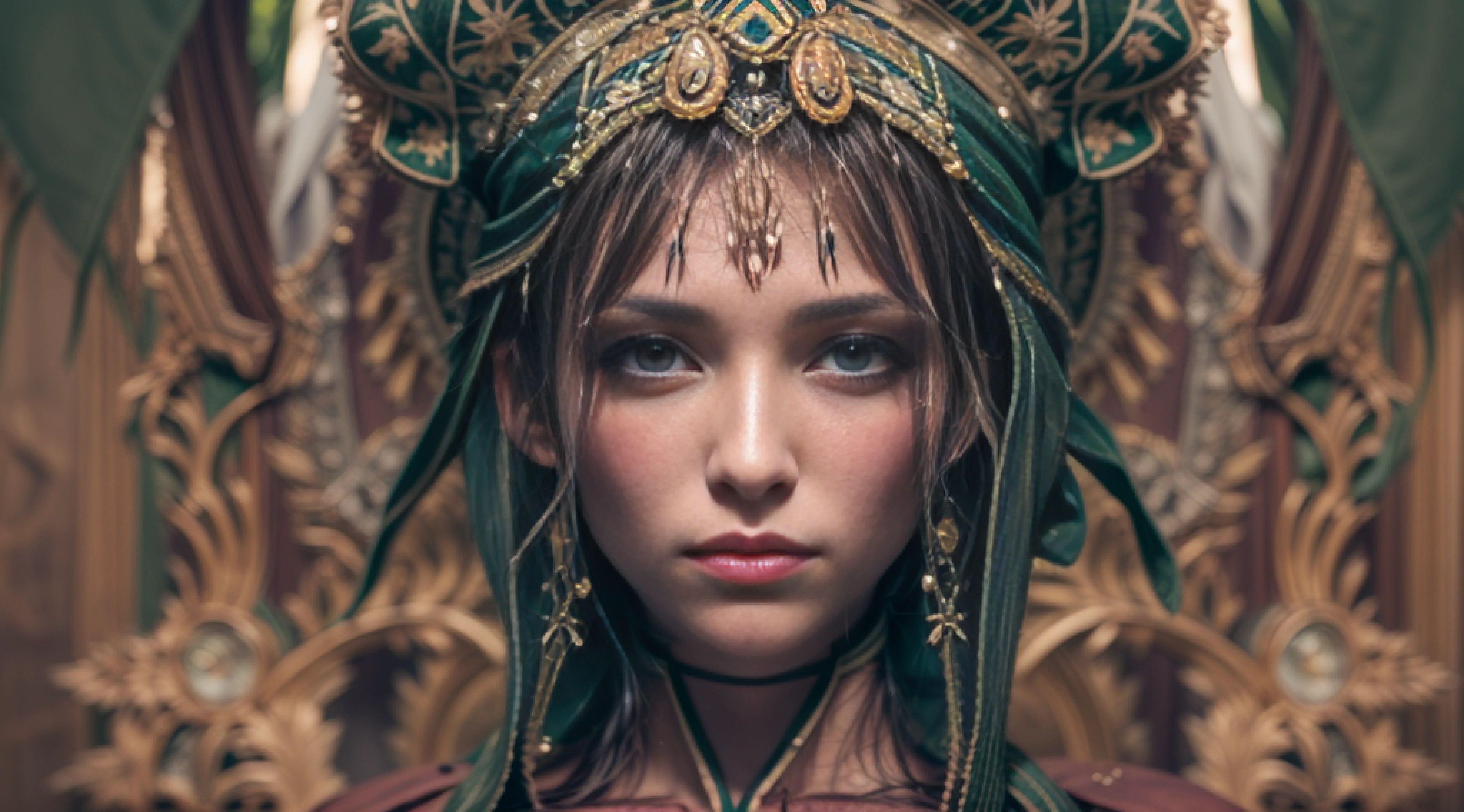 photgraph, fullbodyshot, girl in a medieval gown, colors of the nature in a rainforest, heavy rain, wet hair, long Ginger hair, bangs, innocent face. Glistening green eyes, set deep within their sockets, kept safe in a tribe for so long. Soft skin graciously compliments her eyes and blushed cheekbones and leaves a beautiful memory of her kindness. This is the face of a beauty, a true master among vampires. She stands small among others, despite her sturdy frame. There's something extraordinary about her, perhaps it's her persistence or perhaps it's simply her sense of comradery. But nonetheless, people tend to take pride in knowing her, while secretly training to become more like her. In the background the veins and vines of her land shatter the mountains and rivers as they try to build a kingdom.