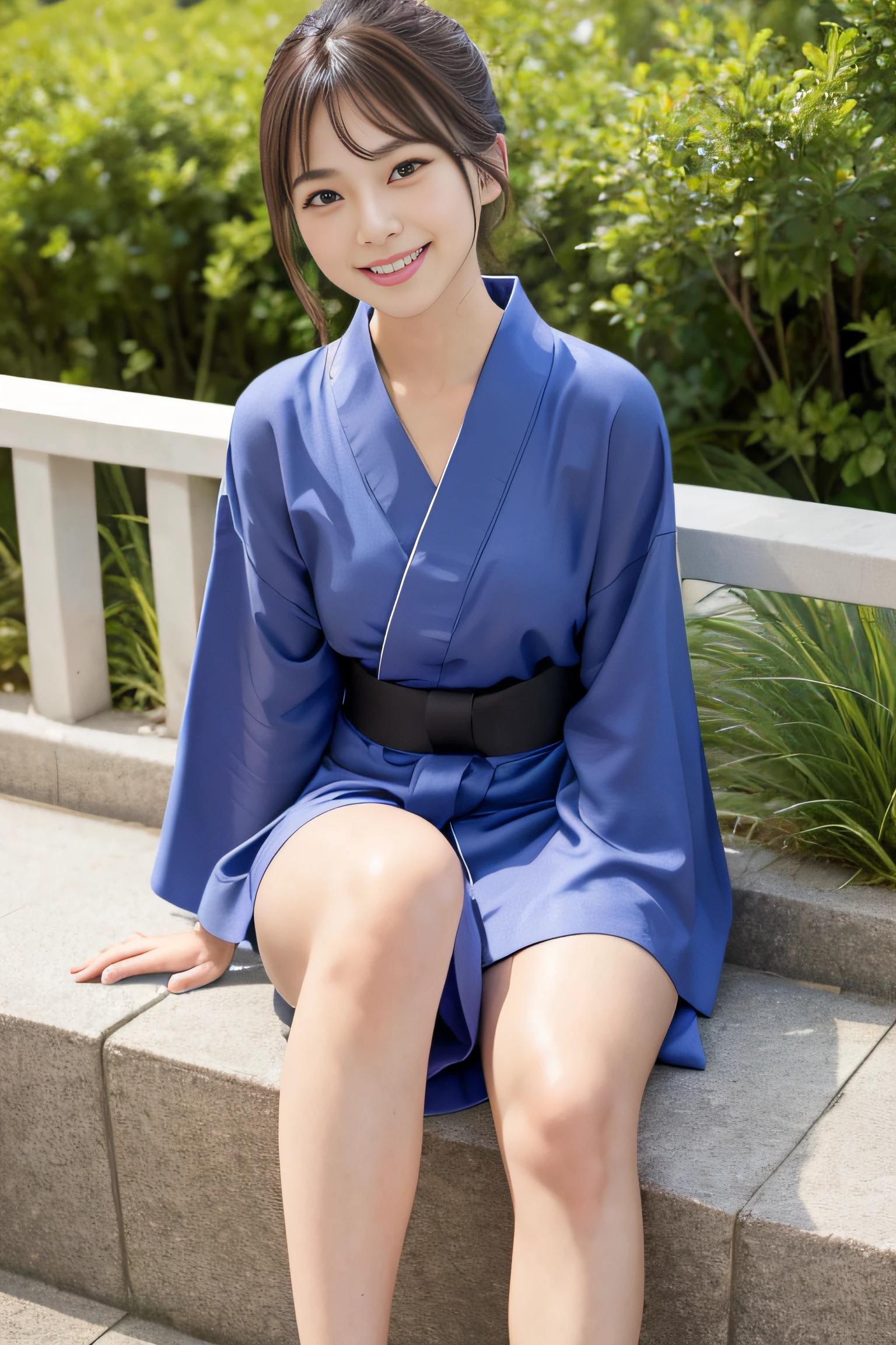(Highest image quality, Highest image quality, Super A High Definition), (Raw photo, Realism 1.4), (flat chest), Fine skin, Fine face, Cute, AKB Girl, Girl in her 20s, Small breasts, Perfect Skin, thighs thighs thighs thighs, Medium Hair, Perfect, Brown hair, Brown eyes, Full body, On the futon at the ryokan、Holding your knees、Triangular sitting、((Summer Festivals))、 ((Yukata)), Bright sunshine, Smile