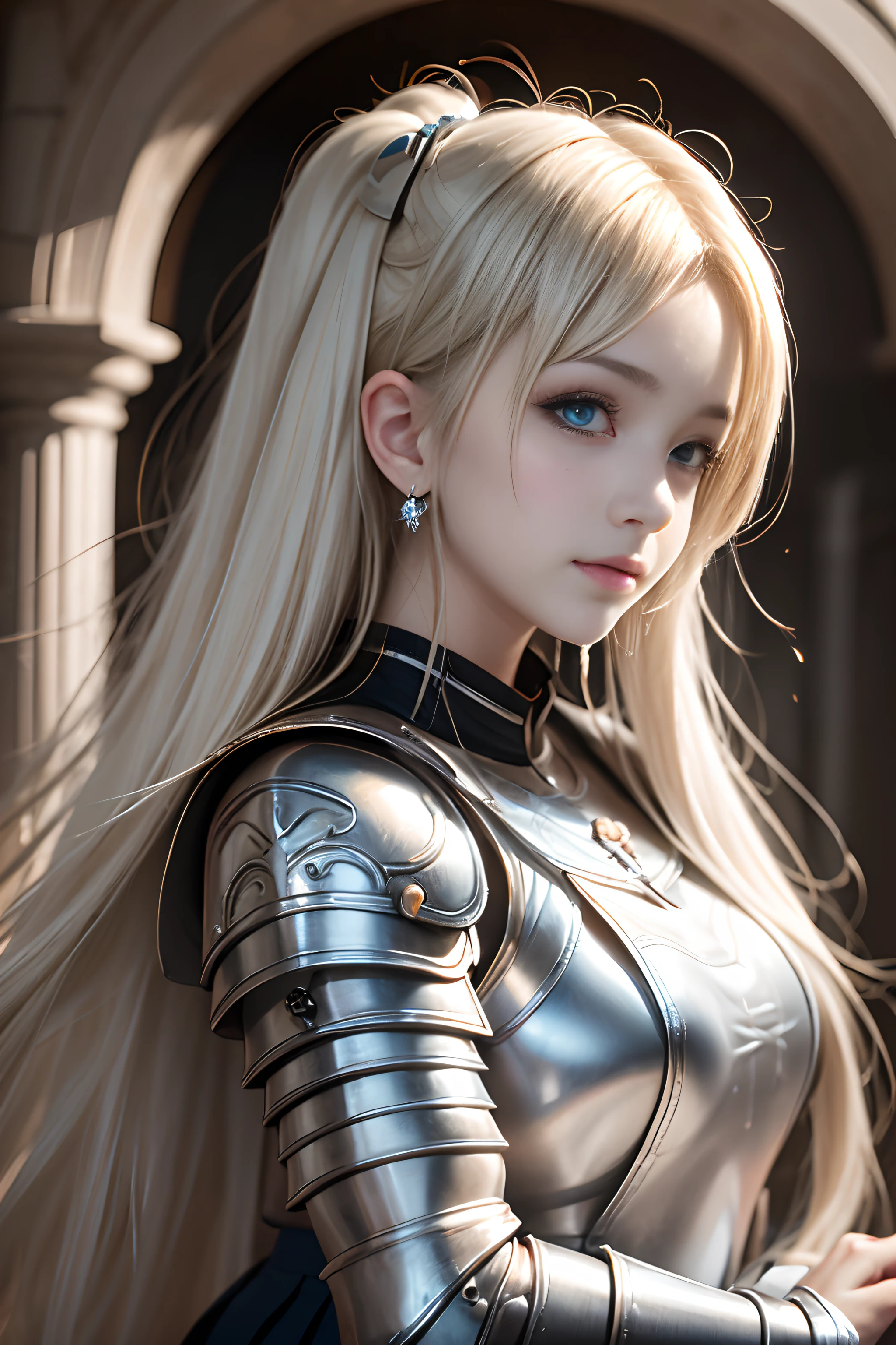 bright expression、poneyTail、Young shiny shiny white shiny skin、Best Looks、Blonde reflected light、Platinum blonde hair with dazzling highlights、shiny light hair,、Super long silky straight hair、Beautiful bangs that shine、Glowing crystal clear attractive big blue eyes、Very beautiful nice cute 16 year old girl、Lush bust,Beautiful detailed eyes, beautiful detailed nose,(( Full body:1.25)),Makeup that the eyes emphasize、((Pleated skirt with many folds:1.3)),(Women like Joan of Arc:1.3)、(s Armor:1.3)、Knights, (Equipped with a sword and shield:1.2),Royal style,Comic style, , Sub-surface scattering, ornate detail, nature backdrop, Hyper-realistic, Cinematic, Dramatic Lighting, masutepiece、(Decorated armor)、(Wearing an aura:1.5)、circlet、((Princess Knight))、frilld、