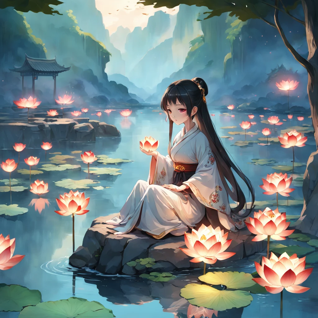 Chinese Ancient Times,A beautiful woman puts lotus lanterns by the river,There are many lotus lanterns of various sizes in the river,The beauty clasped her hands together,DOA