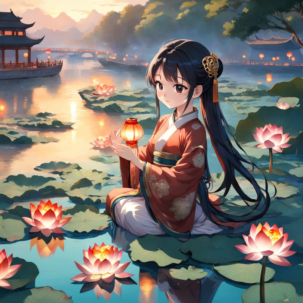 Chinese Ancient Times,A beautiful woman puts lotus lanterns by the river,There are many lotus lanterns of various sizes in the river,The beauty clasped her hands together,DOA