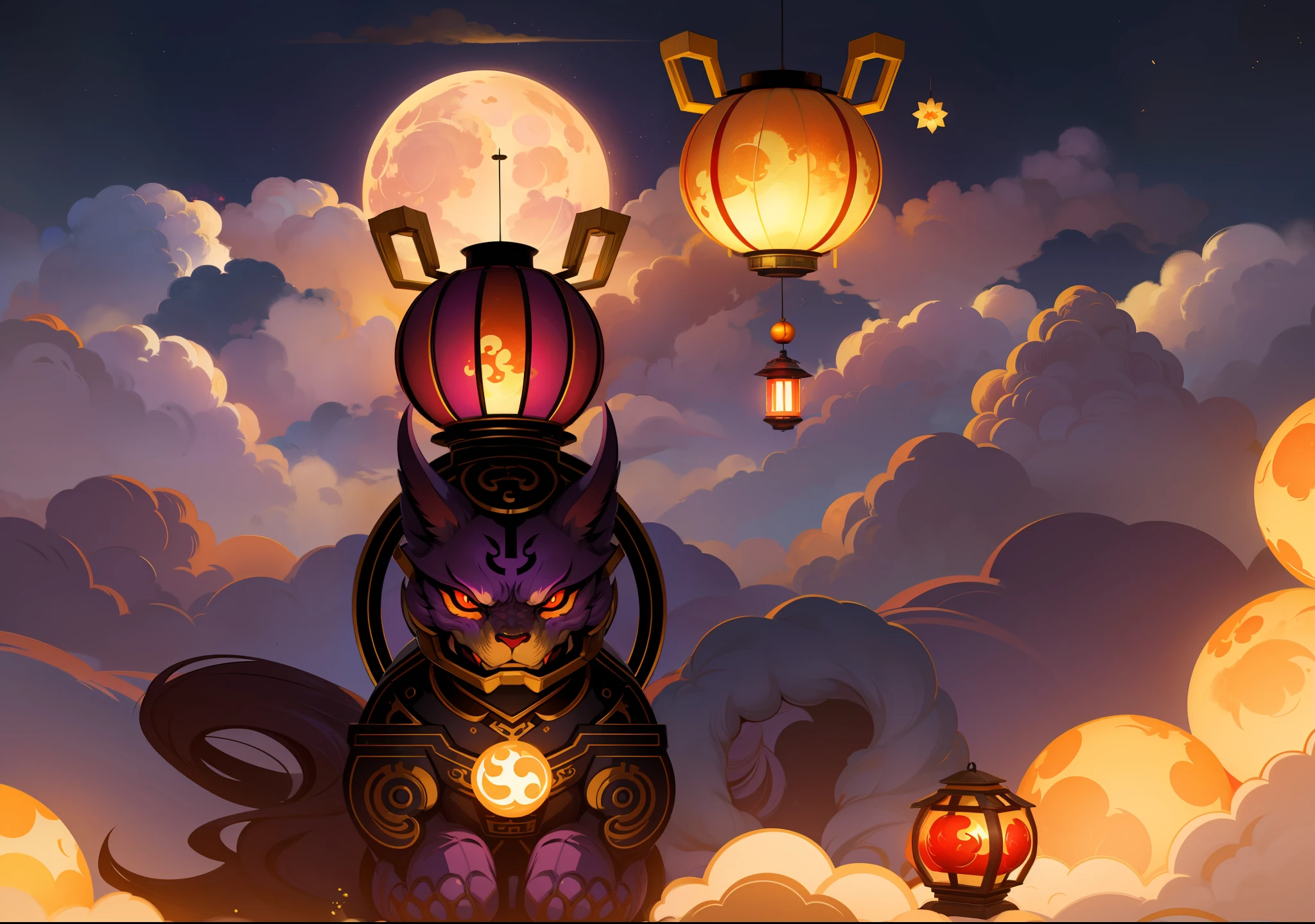 mid-autumn festival,purpleish color,large moon,jubilation,Keep the original character color unchanged,Gold background,Auspicious clouds,fire works,Red lantern