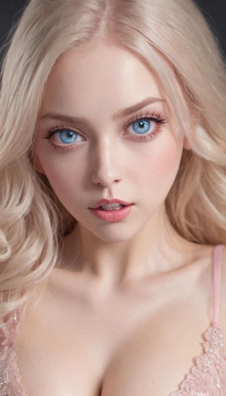 岁, Beautiful girl with bright blue eyes, shocked expression,Wide eyes, lying on his back, Wearing pink sheer silk, (((Large breasts :1.2 and round breasts:1.2))),8K, RAW photo, Highly detailed skin, exposed, Photography, Masterpiece, Best quality, Gorgeous light blonde long hair, Ultra-detailed face, Detailed blue eyes, ((no close up)), front angle, Yawning, Very wide open mouth, Spread legs, Wet open ,(((Pubic hair))).