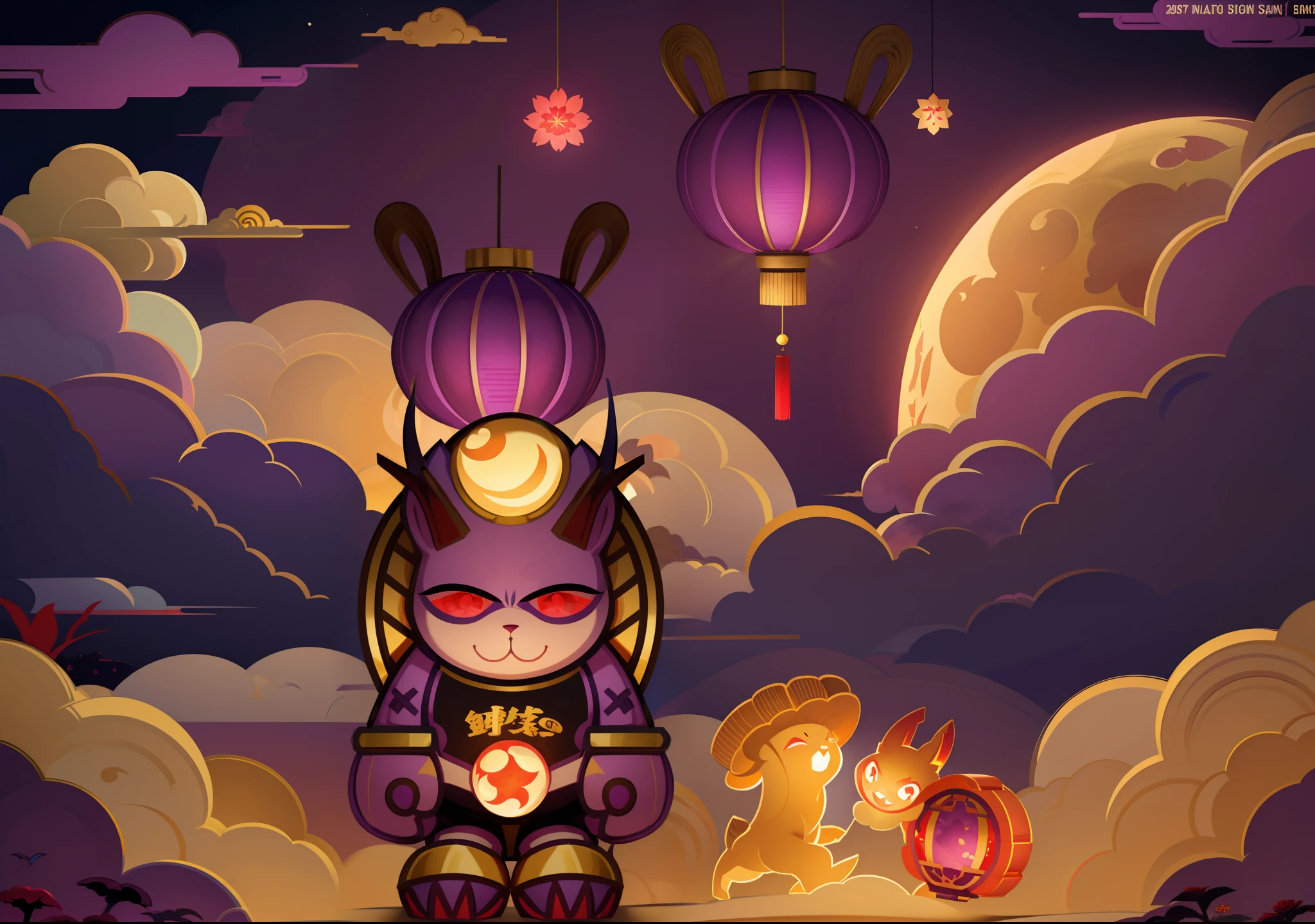 mid-autumn festival，purpleish color，large moon，jubilation，Keep the original character color unchanged，Gold background，Auspicious clouds，fire works，Red lantern