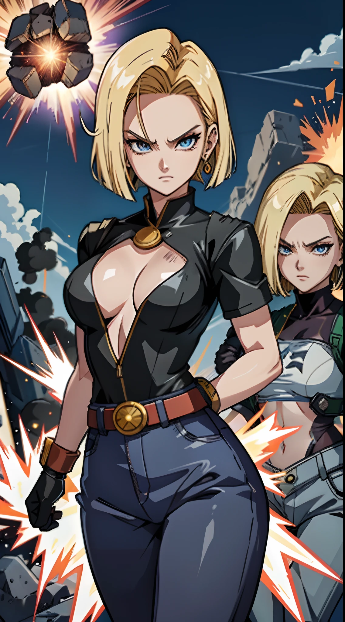 "Android 18 unleashes her immense power, Produce awesome, Destructive energy explosion."