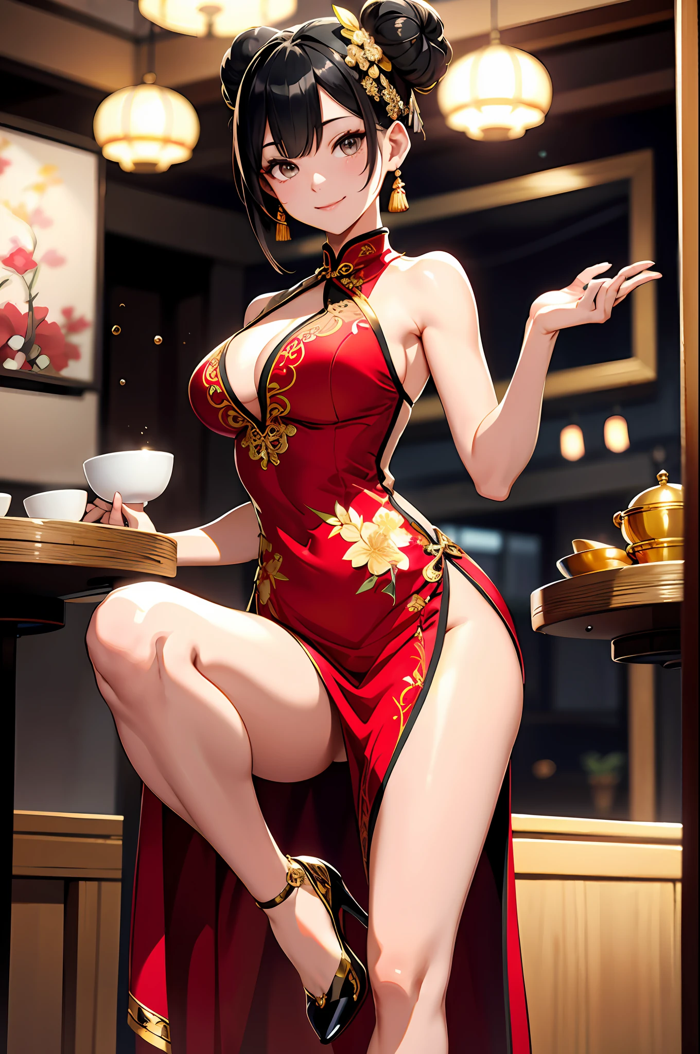 (Best Quality、in 8K、32K、masutepiece、ultra-detailliert、超A high resolution、Impresionismo、Photorealsitic:1.2)、Dynamic lighting、dynamic shot、3D render、Moody lighting、Detailed beautiful face and eyes、A slender、Medium bust、Full body、 Highly detailed background、Chinese Restaurant、Carry dishes、beauitful face、blurry backround、a beauty girl、super detailed skin、Black hair、short-hair、Double bun、Gray eyes、Red cheongsam with gold thread embroidery、Wearing high heels、Floral hair ornament、miscievous smile、(thighs thighs thighs thighs:0.9)、dynamicposes、