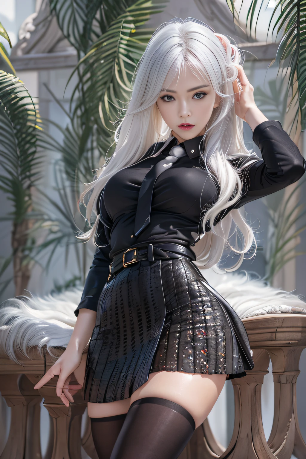 Fotorrealista, high resolution, luzes suaves, 1 mulheres, Sozinho, Quadris para cima, olhos azuis, cabelo branco, cabelo longo, Close your lips, camisa de colarinho, gravata preta,Saia preta, pencil skirt, casaco de pele, meias