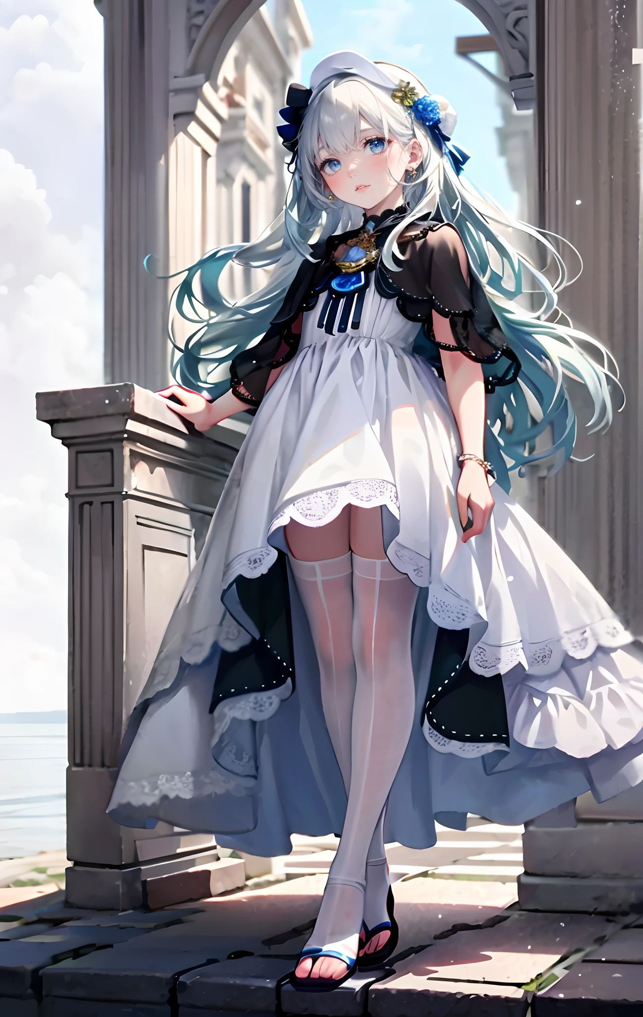 (Complete head：1.9)，meticulous portrayal of face，1 girl，White dress long dress，(white stockings+)，Flat sandals for women，(White stocking feet)，light blue long hair，Station background， Perfect body， s the perfect face， perfect hand， Perfect Finger， Perfect lips， perfect  eyes， Perfect background
