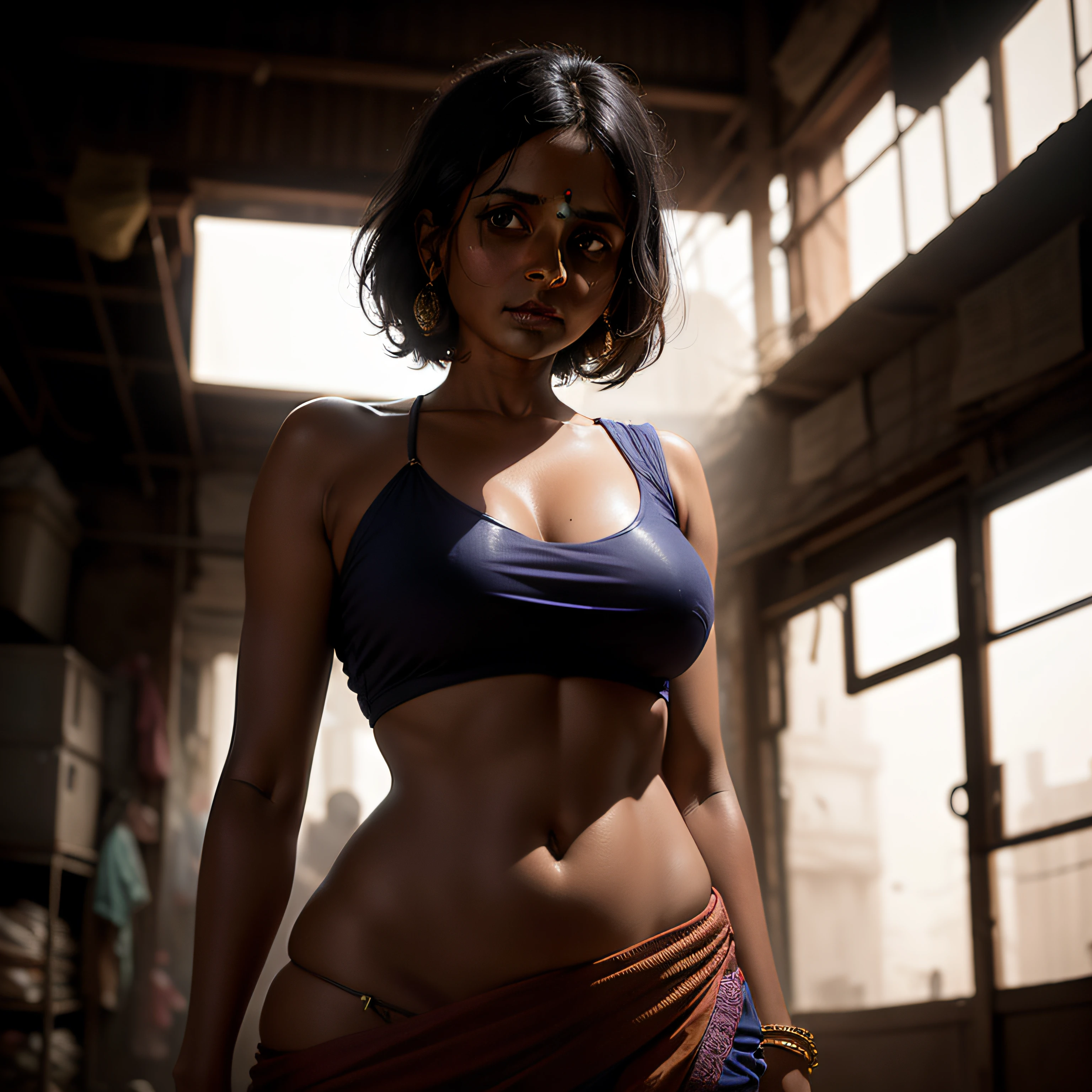 Slum Indian woman, middle aged, wearing ultra low waist saree, hourglass body, blurry background, minimal light exposure and dark art atmosphere, cinematic angle