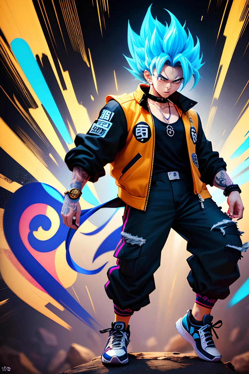 Son Goku in Dragon Ball, greyt hair,Fashion graffiti clothing,Trendy clothing,Tide brand,black black jacket,vests,denim pant,Lunette de soleil,Bracelet,ear studs,decorations,athletic sneakers,Tattooed with,choker necklace,Ultra high quality,Best quality,tmasterpiece,超高分辨率,Super Saiyan with white glow,quadratic element,鸟山明风格,1990's ,Cartoony,