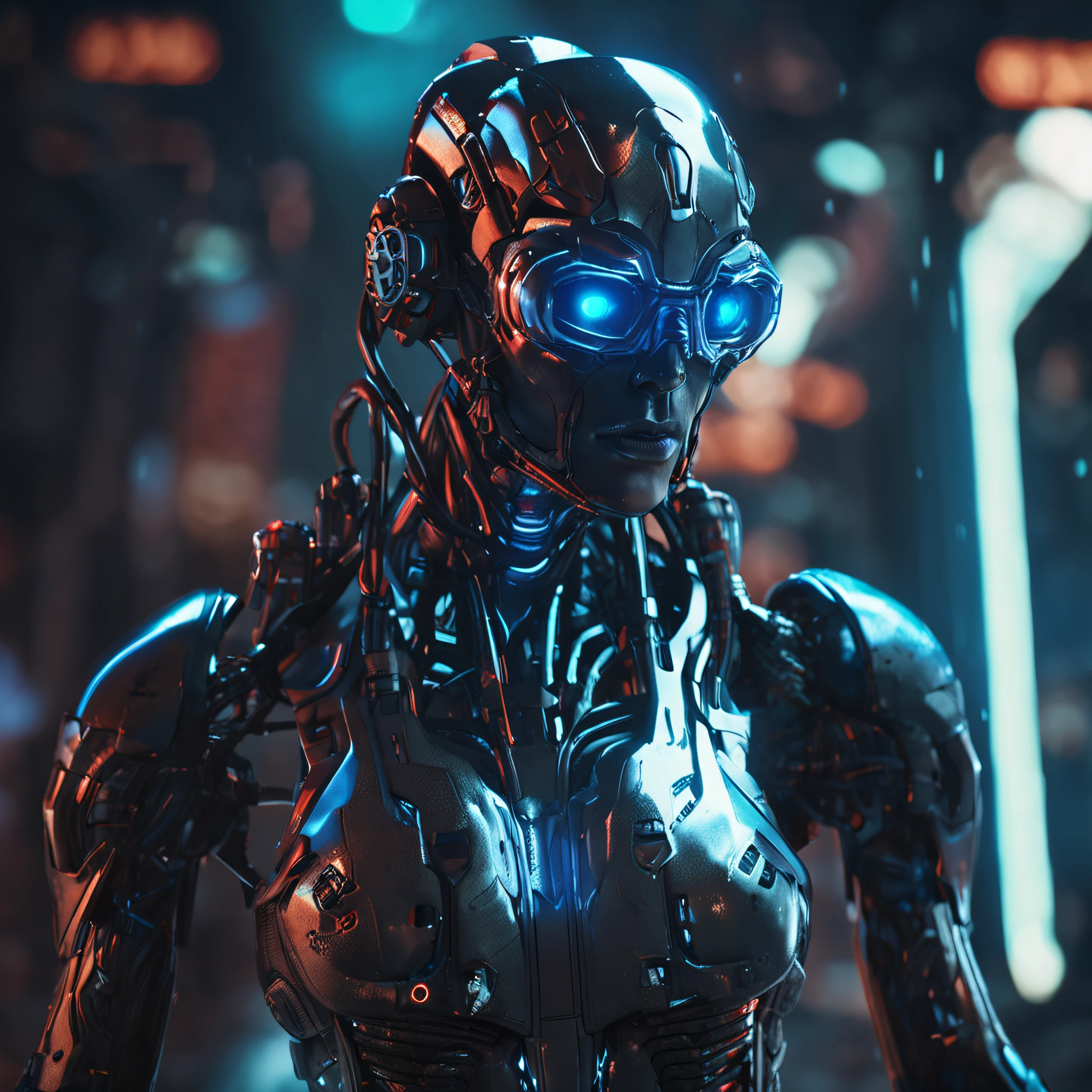 rz88mkultr4, a closeup of a cyborg , trending on artstation, ultra realistic, ultradetailed, cyberpunk details, neon heavy blacks and blue depth camera low angle, 3 5 mm