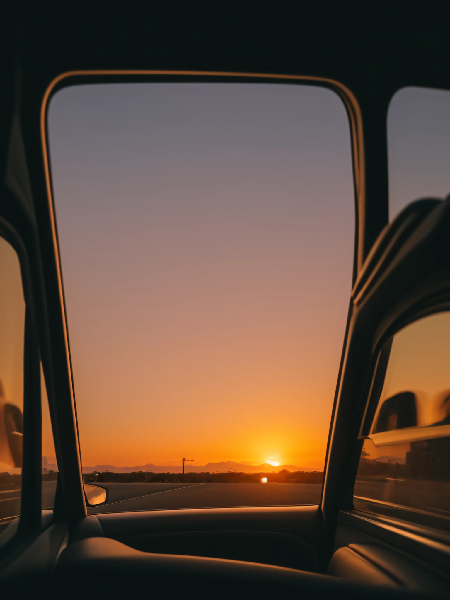 the setting sun，evening light，view from long distance，realisticlying，plethora of colors，Gorgeous and colorful，Shoot at night，positive，natural style，hdr shot，Inside the car，Look inside the car，Sunset directly ahead，Faraway view，Blurred foreground，Ultra-clear details，Ultra photo realsisim，telephoto lenses