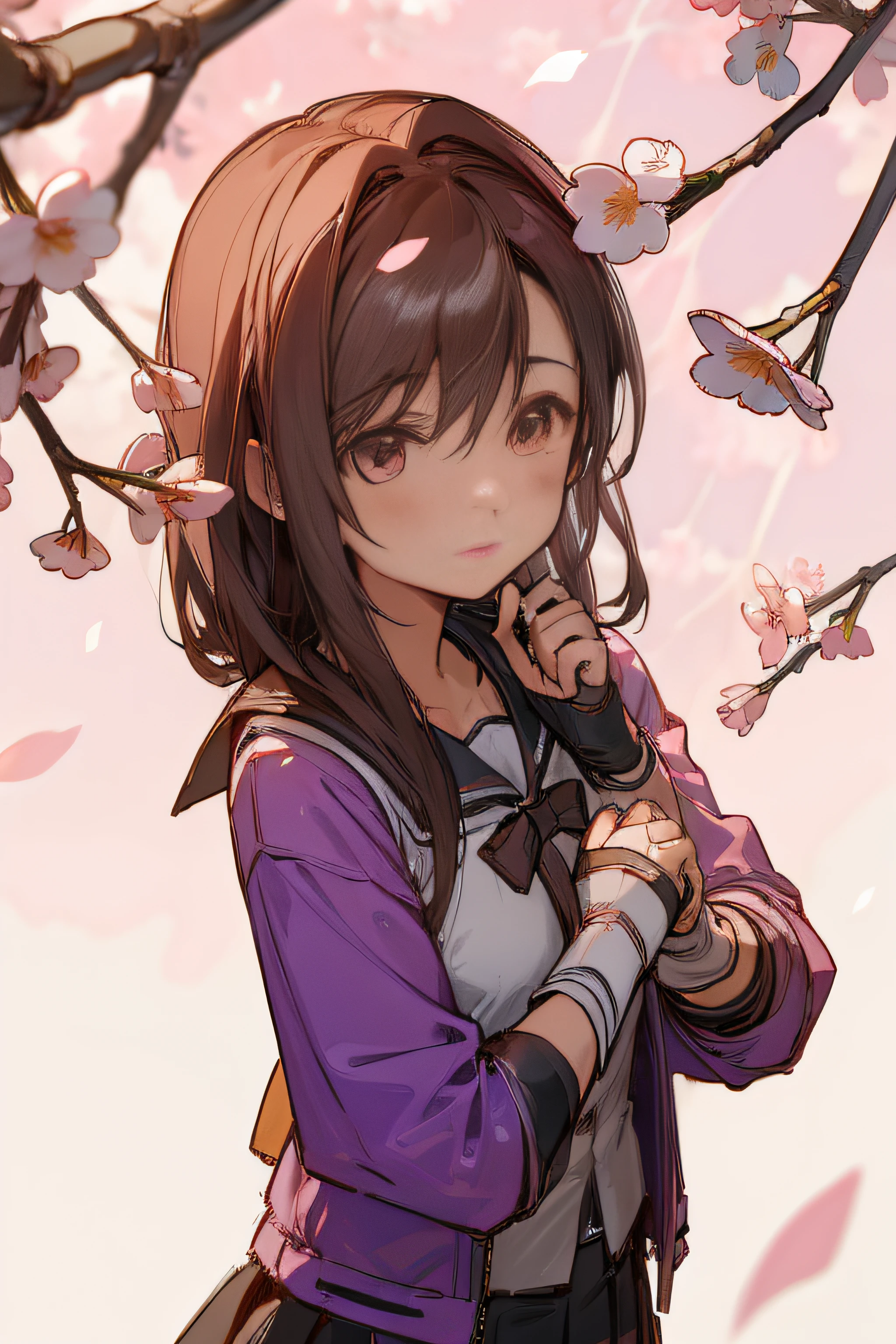 (((high high quality))),quadratic element,teens girl,adolable,Shy,Student clothing,cherry blossom tree background