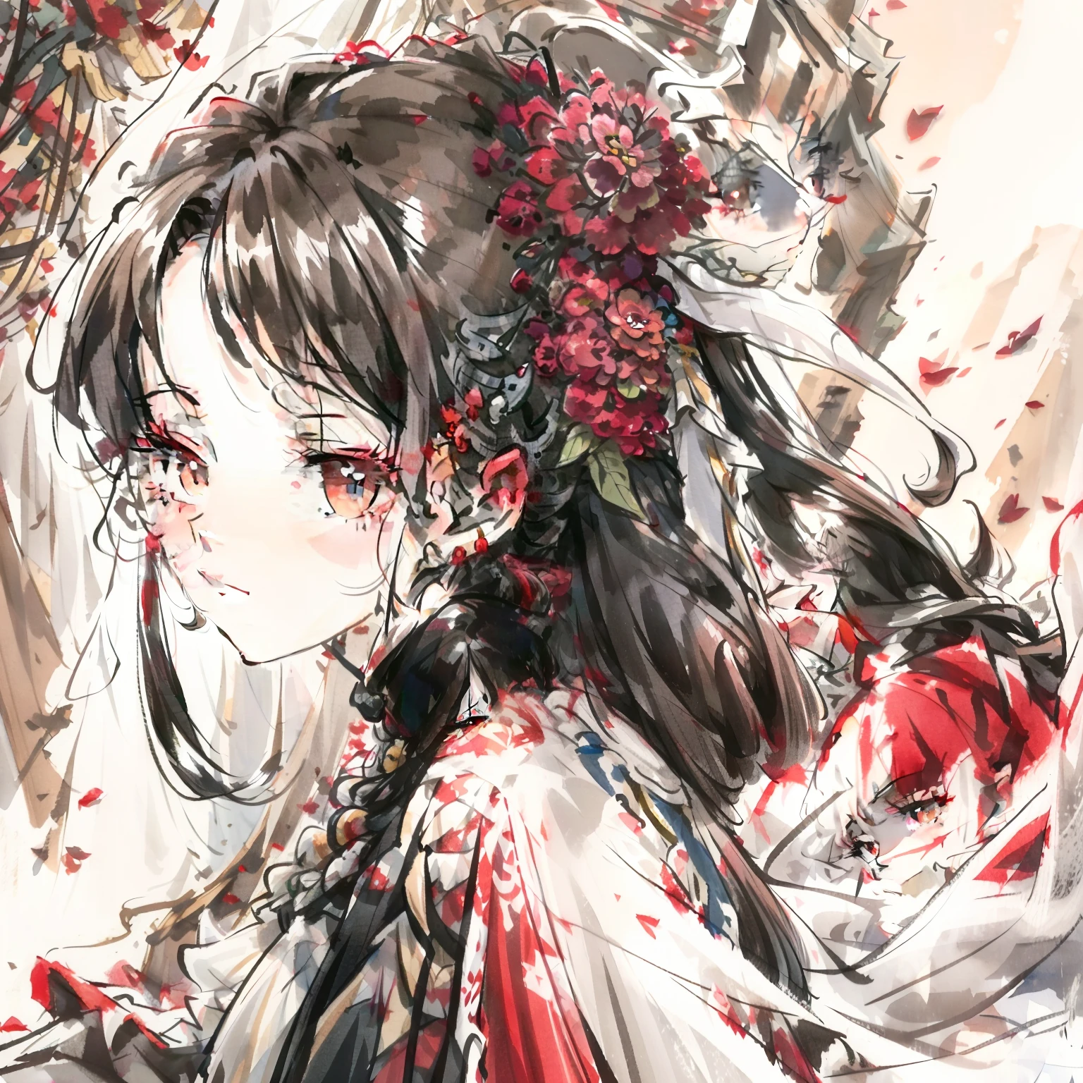 A picture,Couple at sunset,Stand on a high cliff, The cliffs are covered with a sea of red flowers,The two of them are back to back,At this point had to separate,View under the cliffs,It seems to be telling their love,The woman wore a crisp white wedding dress,The man wears a dull military uniform,There are many traces of repairs on the uniform,The man had some scars on his face,Their eyes were already rosy,But did not cry