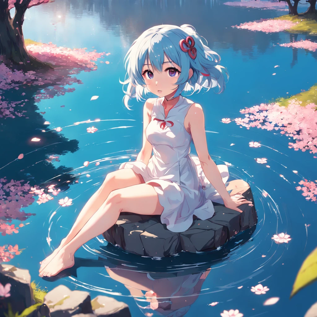 anime girl surrounded by a spiral of cherry blossoms, ((blue hair, long sleeveless white dress, barefoot)), ((platform: a single rock in the middle of a lake)),surprised face, 4k, 2D, ((anime style)), ((perfect face)), perfect position, sunset, ((position: seated)), effect of small red hearts, 1girl, ((perfet eyes)), ((perfect mouth))