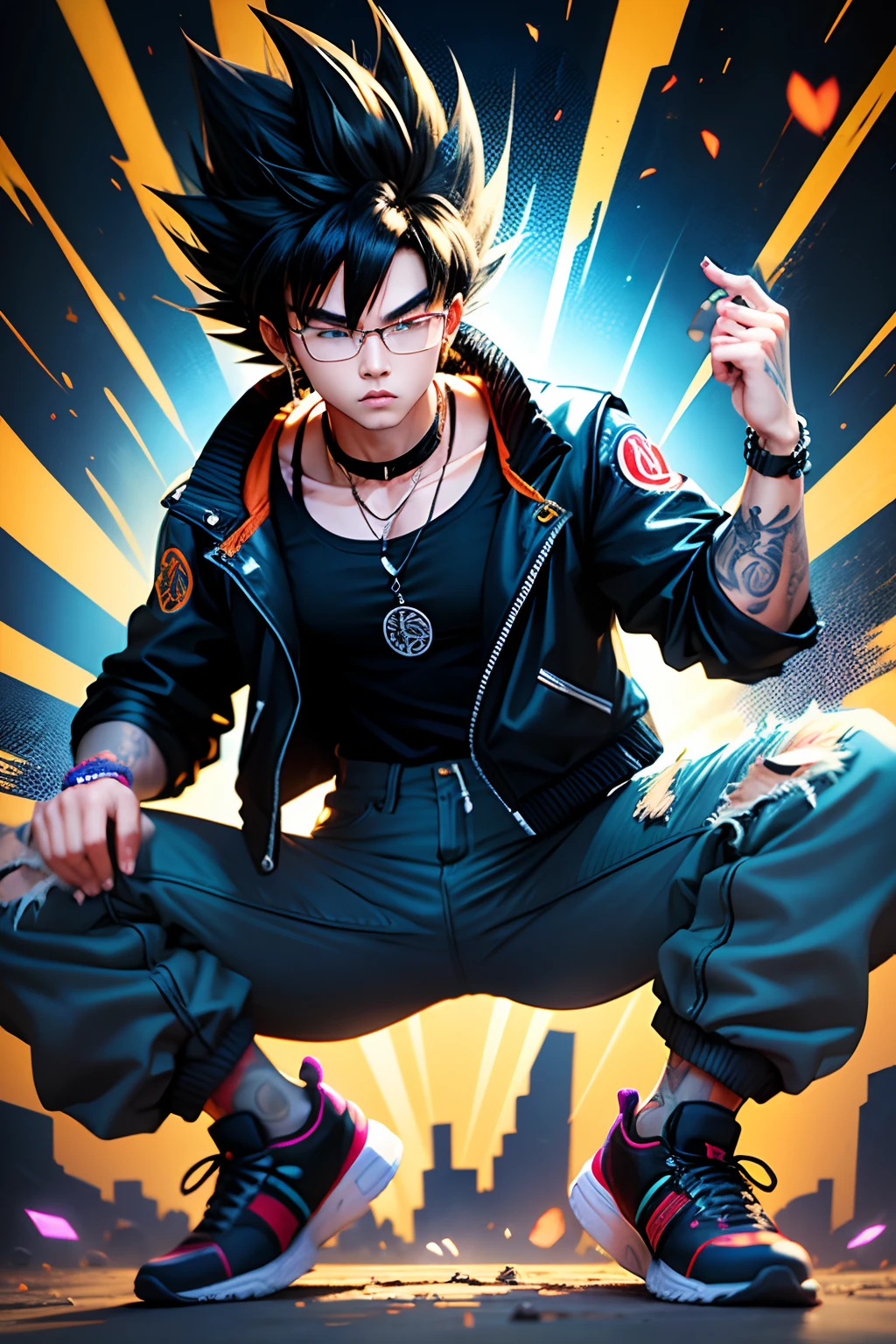 Son Goku in Dragon Ball, greyt hair，Fashion graffiti clothing，Trendy clothing，Tide brand，black black jacket，vests，denim pant，Lunette de soleil，Bracelet，ear studs，decorations，athletic sneakers，Tattooed with，choker necklace，Ultra high quality，Best quality，tmasterpiece，超高分辨率，Super Saiyan with white glow，quadratic element，鸟山明风格，1990's ，Cartoony,