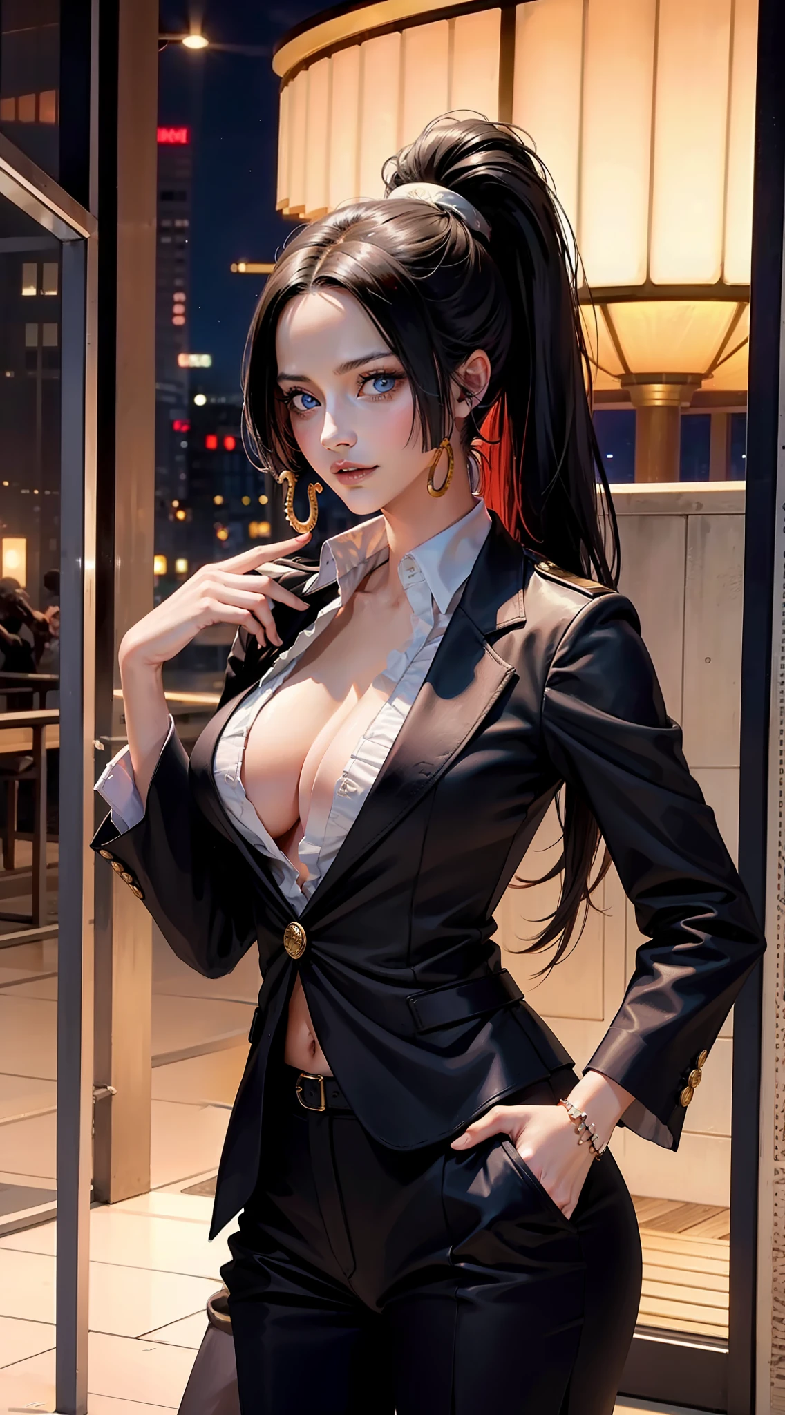 boa hancock from anime one piece, beautiful woman, very beautiful, perfect body, perfect breasts, big boobs, black hair, long hair, ponytail, slightly smiling expression, wearing formal shirt, white shirt, black pants, wearing formal black blazer, in place general, being in tokyo city, night, standing, Realism, masterpiece , textured skin, super detailed, high detail, high quality, best quality, 1080p, 16k