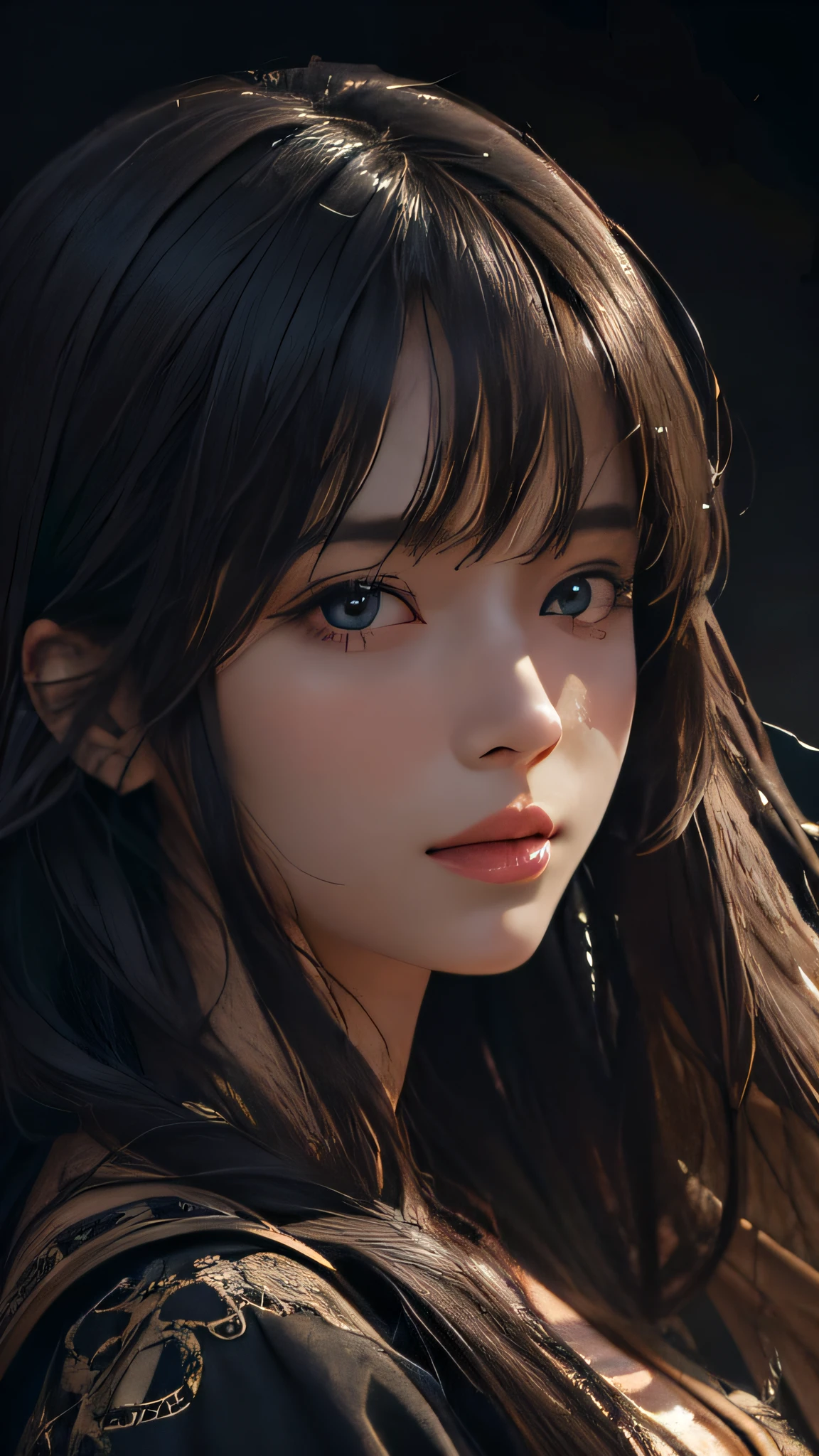 (Ultra Realistic), (Illustration), (Increased Resolution), (8K), (Extremely Detailed), (Best Illustration), (Beautiful and Detailed Eyes), (Best Quality), (Ultra Detailed), (Masterpiece ), ( wallpaper), (detailed face), solo, 1 girl, looking at viewer, fine details, detailed face, in the dark, deep shadows, low key, pureerosfaceace_v1, smiling, long hair, black shawl straight hair , 46 points oblique bangs