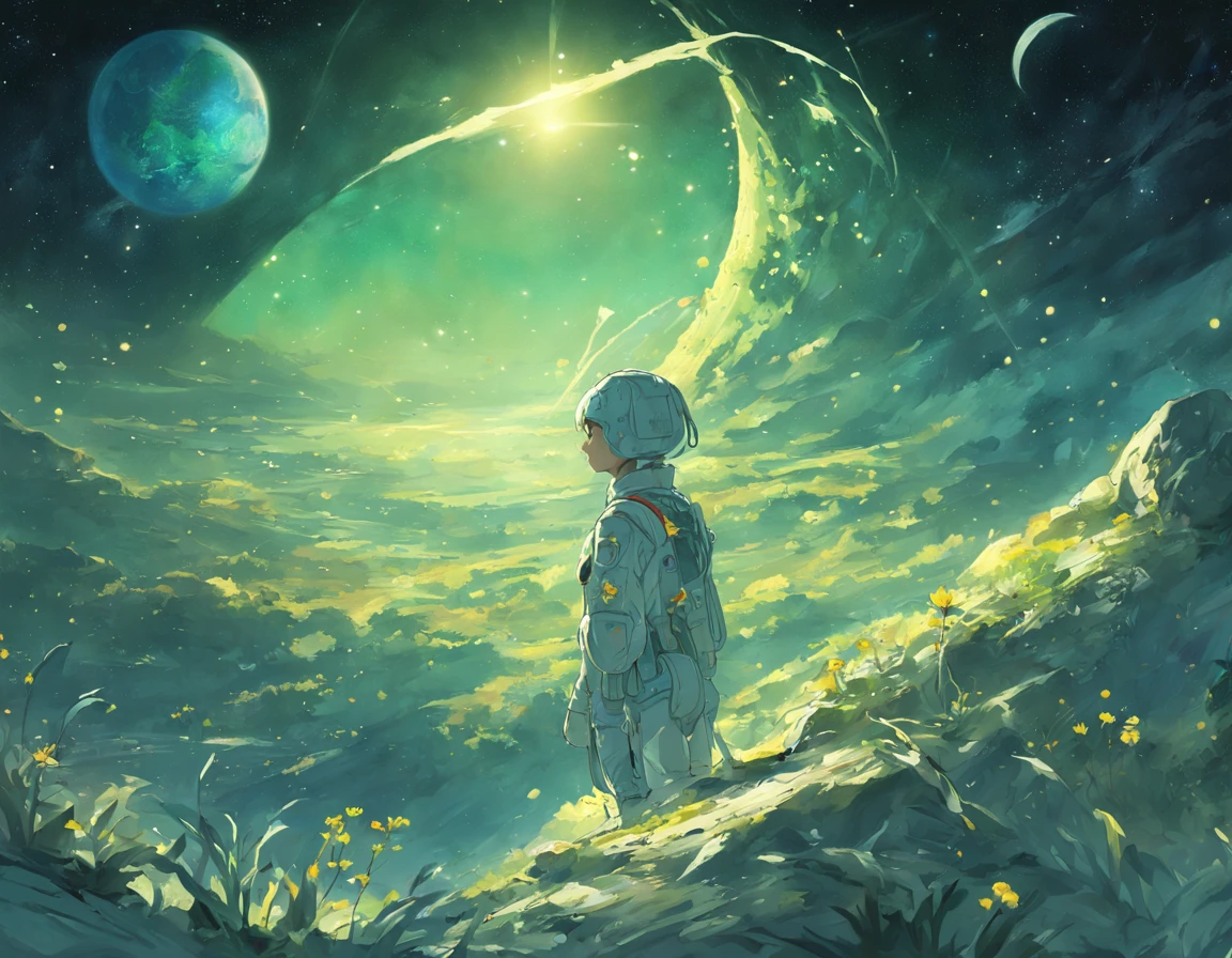 Lost in Luminescence: A lone astronaut rests on the moon, embraced by a garden of celestial glowing flora. Amidst this radiant scene, the Earth hangs in the sky, a distant yet cherished sight. Capture the poignant moment of longing as the astronaut finds solace in the luminous embrace of this lunar oasis while gazing wistfully back at the distant blue and green world they once called home