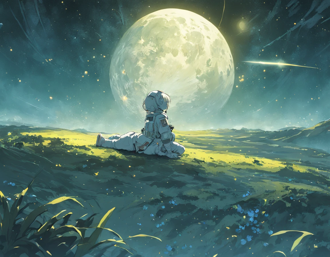 Lost in Luminescence: A lone astronaut rests on the moon, embraced by a garden of celestial glowing flora. Amidst this radiant scene, the Earth hangs in the sky, a distant yet cherished sight. Capture the poignant moment of longing as the astronaut finds solace in the luminous embrace of this lunar oasis while gazing wistfully back at the distant blue and green world they once called home