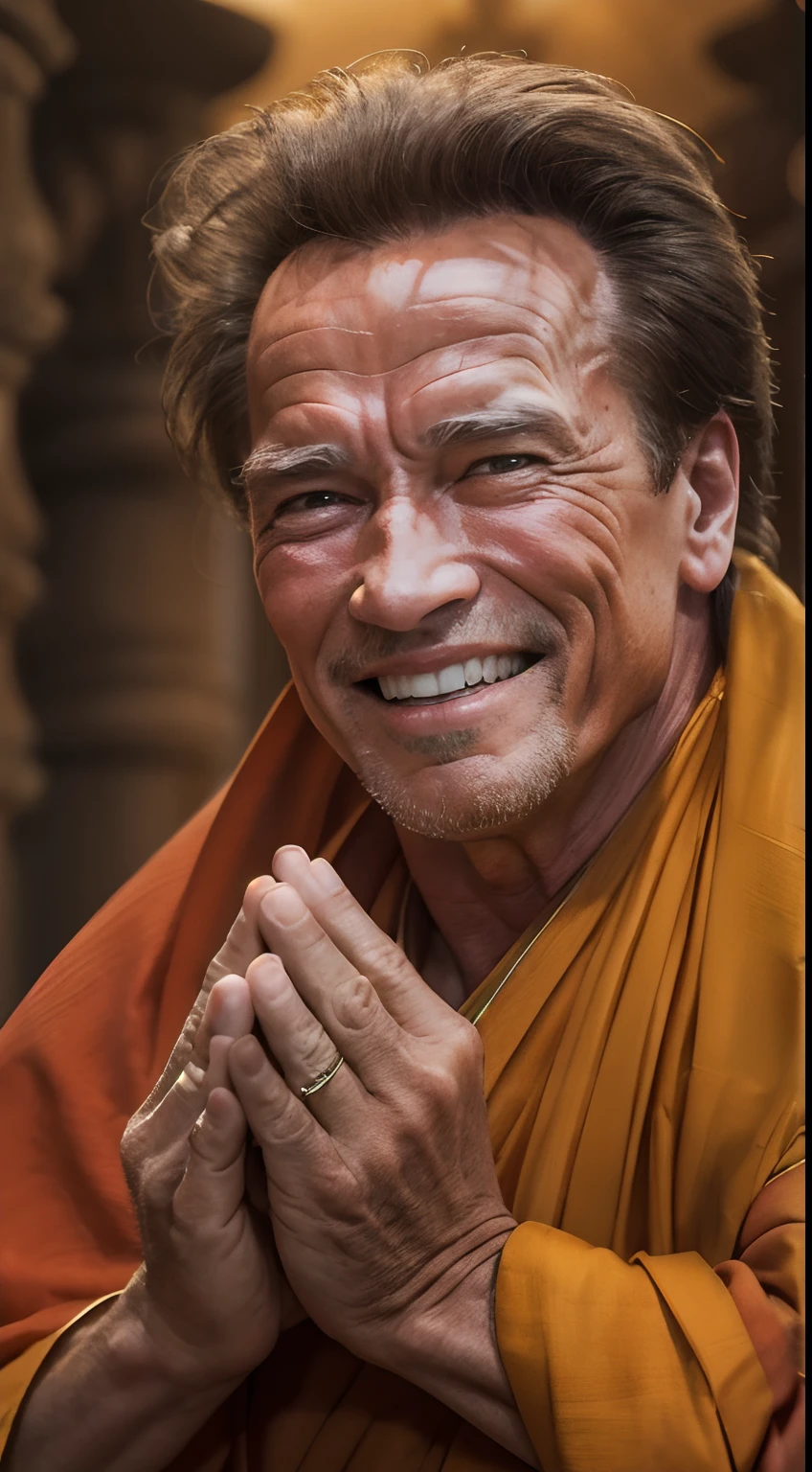 Arnold Schwarzenegger, Smiling Face, cinematic portrait photo of a very interesting Arnold Schwarzenegger Wearing the saffron robes of a monk, Inspired by Sadhusant, Saffron clothes, folded hands, pray of God, Rudraksha beads, rudraksha in hand, ghat of varanasi, eyes close up, highly detailed vfx portrait, taken with a full frame camera with a wild lens,