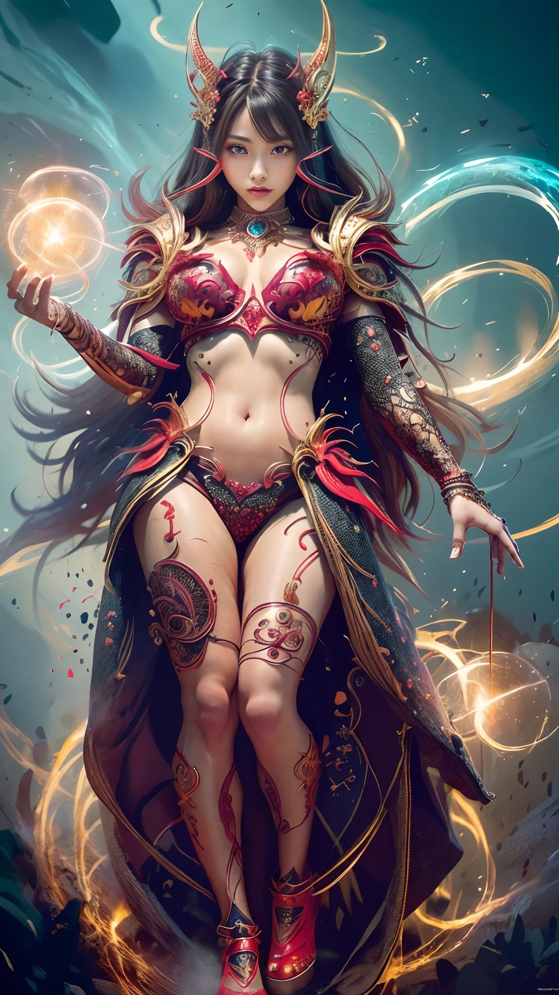 (Masterpiece), Wear full Red Dragon armor, Top quality, Expressive eyes, Perfect face, Red skin, Scales on the legs and arms, Dragon woman, Light magic, Fireball palm spell, 8K_the wallpaper, highly details eye, The body details are very high, very detailed fingers, (Digital artwork), (Detailed manga illustrations), (detailed line art), (Perfect)) parfect anatomy, best hand)), (intricately details: 1.3), (Very detailed: 1.3 ),  (illustration :1.3 ), (Sharp focus:1.3), (Natural light:1.05), (Bright color:1.3),