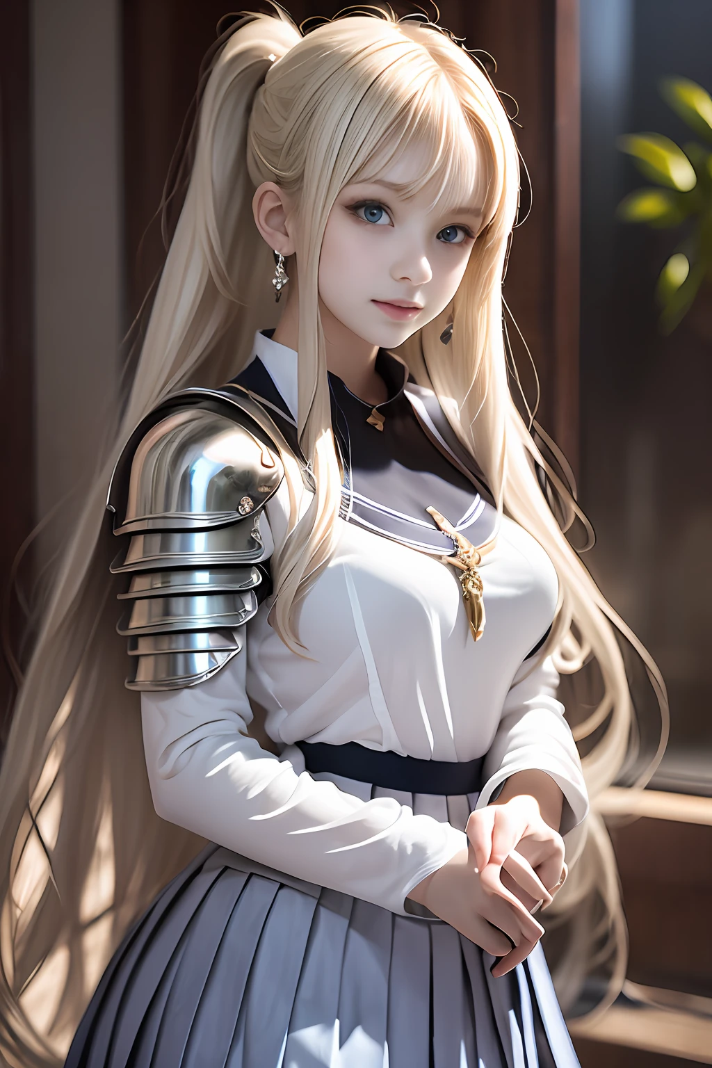 bright expression、poneyTail、Young shiny shiny white shiny skin、Best Looks、Blonde reflected light、Platinum blonde hair with dazzling highlights、shiny light hair,、Super long silky straight hair、Beautiful bangs that shine、Glowing crystal clear attractive big blue eyes、Very beautiful nice cute girl、Lush bust,Beautiful detailed eyes, beautiful detailed nose,(( Full body:1.25)),Makeup that the eyes emphasize、((Pleated skirt with many folds:1.3)),(Women like Joan of Arc:1.3)、(s Armor:1.3)、Knights, (Equipped with a sword and shield:1.2),Royal style,Comic style, , Sub-surface scattering, ornate detail, nature backdrop, Hyper-realistic, Cinematic, Dramatic Lighting, masutepiece、(Decorated armor)、(Wearing an aura:1.5)、circlet、((Princess Knight))、frilld、