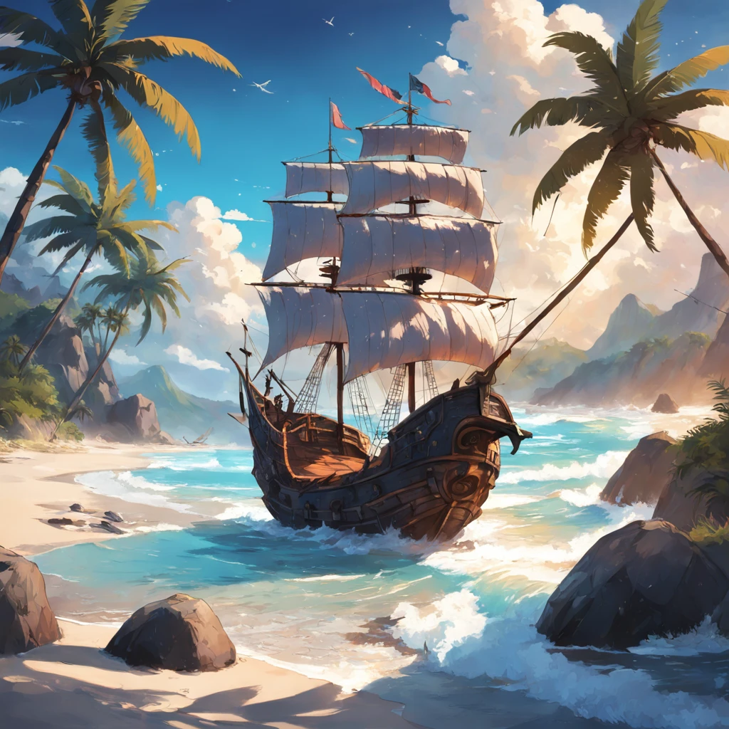 coconut palms ,pirate ships,Middle Ages style