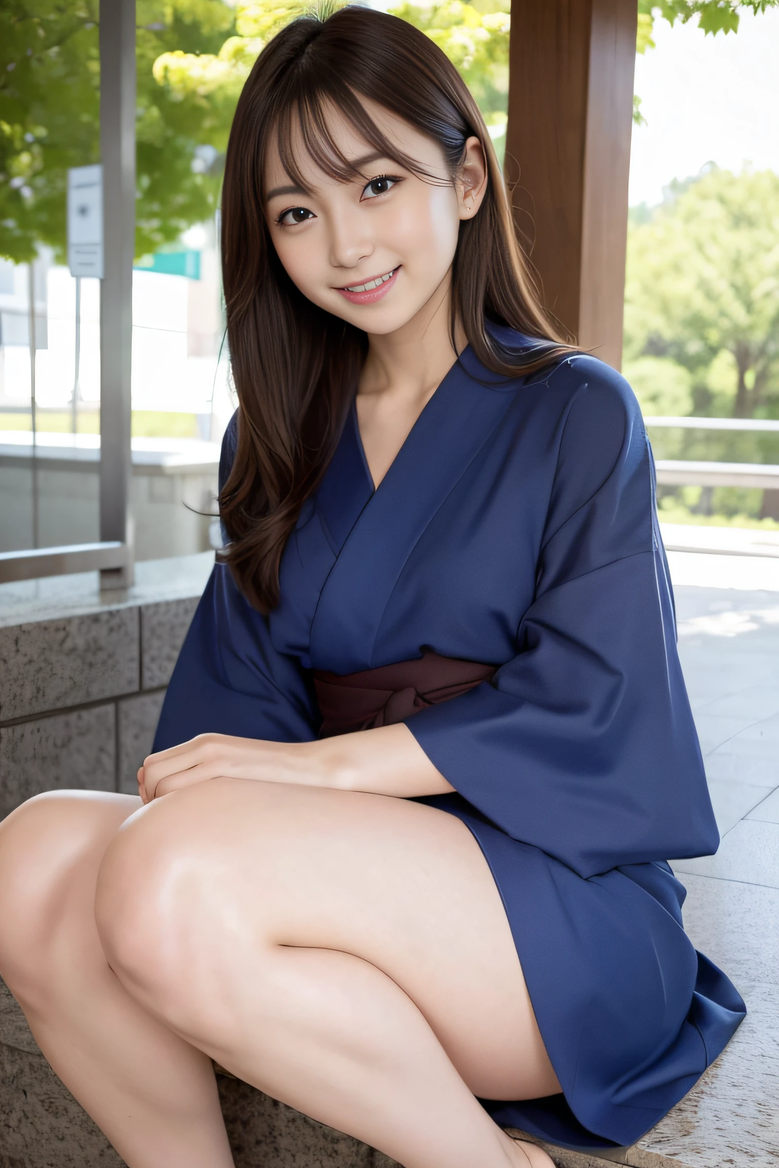 (Highest image quality, Highest image quality, Super A High Definition), (Raw photo, Realism 1.4), (flat chest), Fine skin, Fine face, Cute, AKB Girl, Girl in her 20s, Small breasts, Perfect Skin, thighs thighs thighs thighs, Medium Hair, Perfect, Brown hair, Brown eyes, Full body, Sitting on the steps of the pedestrian bridge, Legs in your own embrace, knees up,I can see the panties.、 ((Yukata)), Bright sunshine, Smile