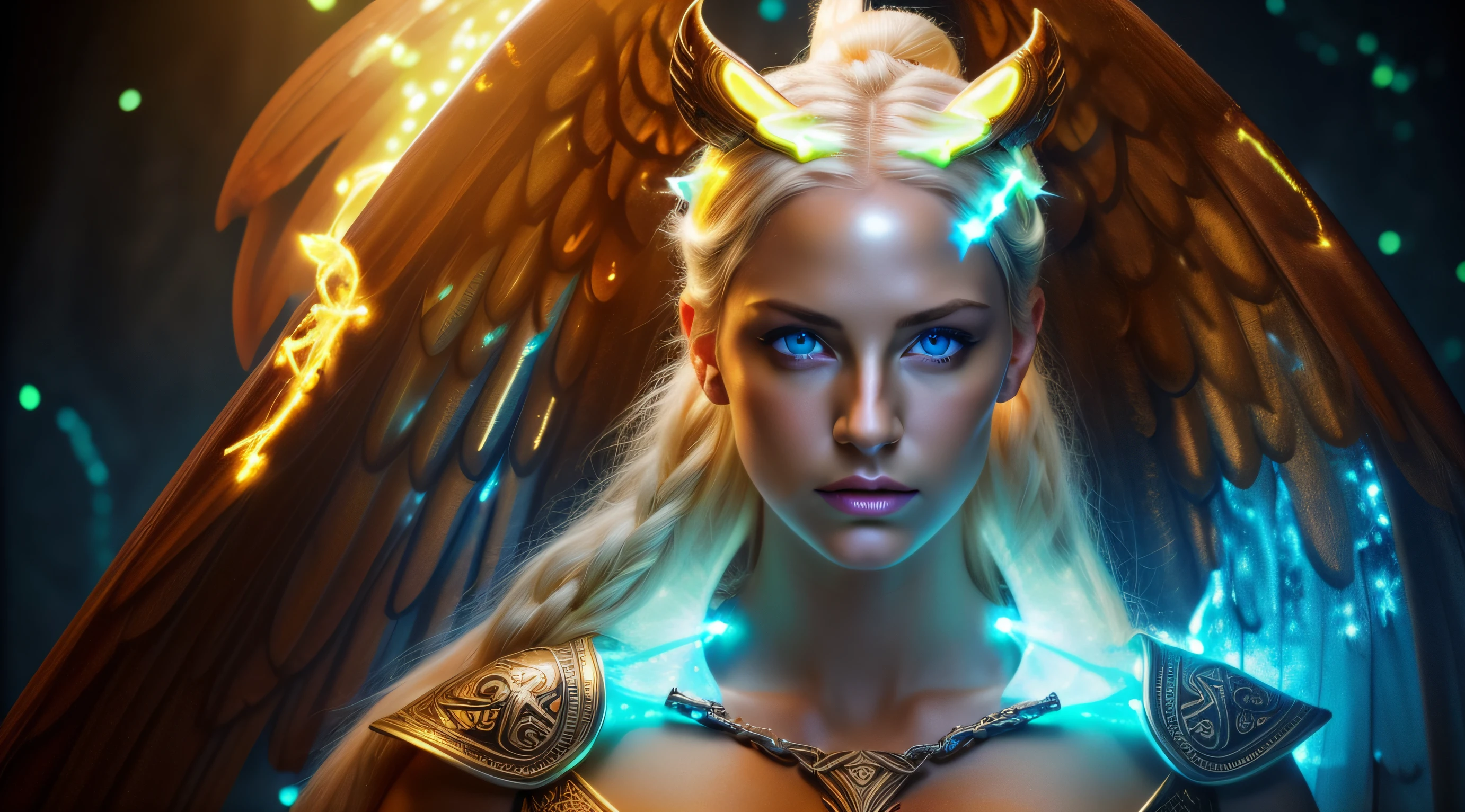 Glow, seductive, glowing blue eyes ,fire, platinum blonde ,(blonde:1.1), sexy , small chest, small breast, highly detailed eyes, (ultra photorealistic:1.3), (masterpiece:1.4), best quality, ((realistic)), high quality, ultra detailed, ((real image)), ((realistic skin)), ((realistic face)),(illustration:1.05), (beautiful:1.05), (beautiful detailed eyes:1.05), (cinematic light:1.1), turquoise blue detaches, model pose, , demonic ,evil, divine, angelic ,(glow:1.90) , fire ,Elemental, posing, 1 braided ponytail, detailed glowing golden skimpy viking armor
