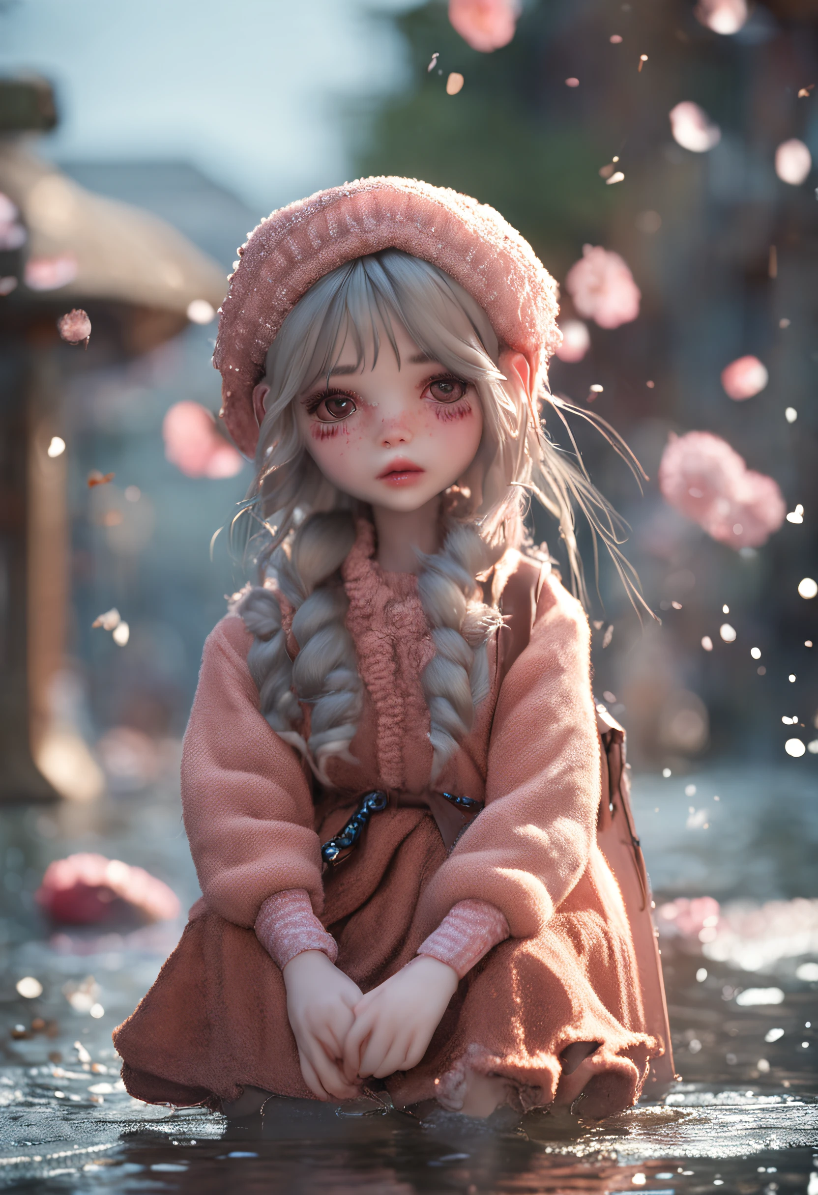 1girl walking on the river, mix4, sweater, pillow, lips, open_mouth, realistic, photo_\(medium\), solo, stuffed_animal, stuffed_toy, teddy_bear, (masterpiece), (realism: 1.3), super detailed, (High detail skin: 1.2), (Best quality: 1.0), (Ultra resolution: 1.0), (ULZZANG-6500: 0.3), wavy detail hair, long hair, sunshine, (beautiful detail makeup), (sexually aroused blush, heavy breath: 1.0), floral theme petals scattered, (soft light bloom: 0.5)