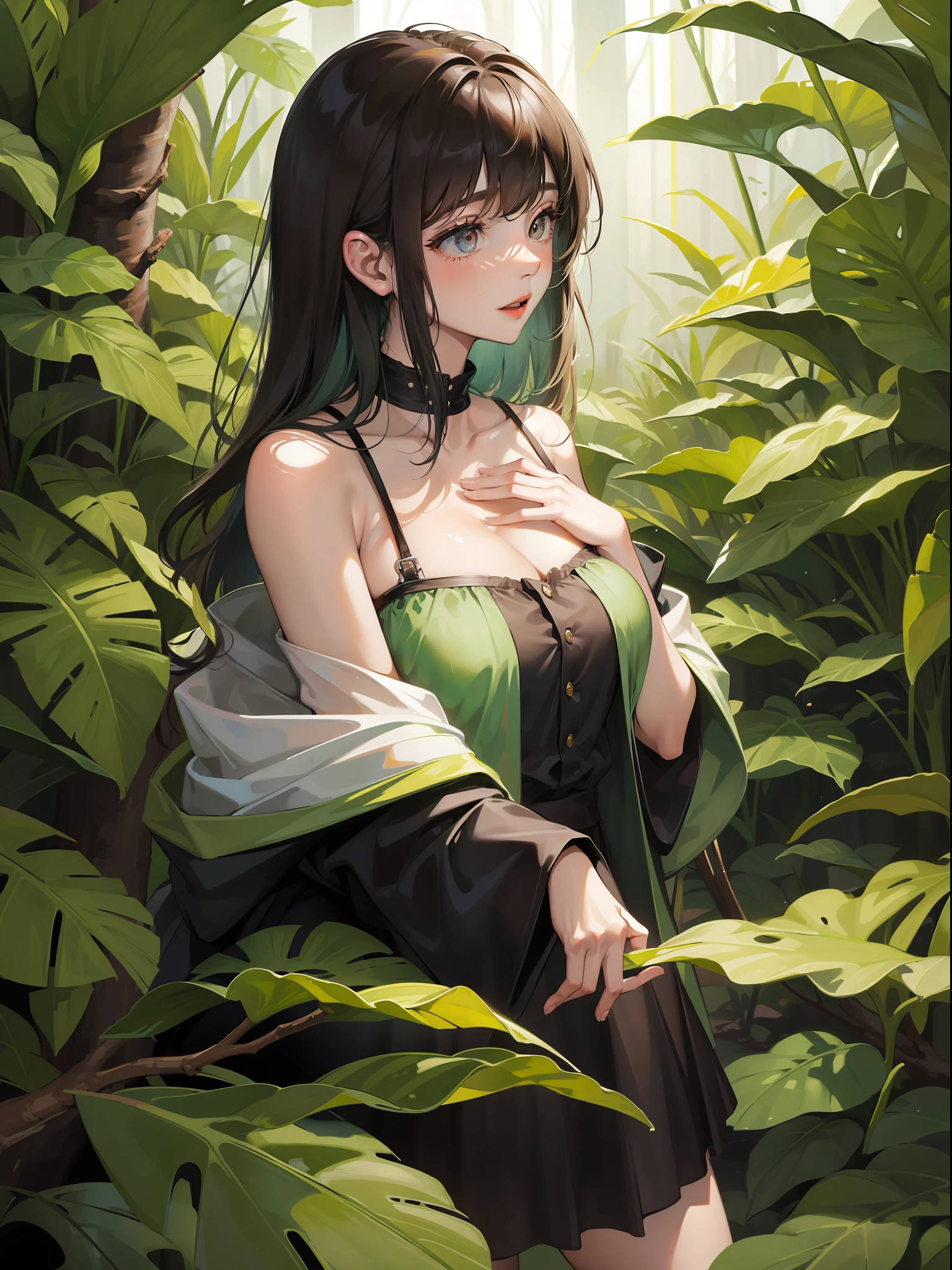 ((Best quality)), 1girl, girl in a forest, Heavy rain creating a lush rainforest environment, She's leaning against a sturdy thick tree