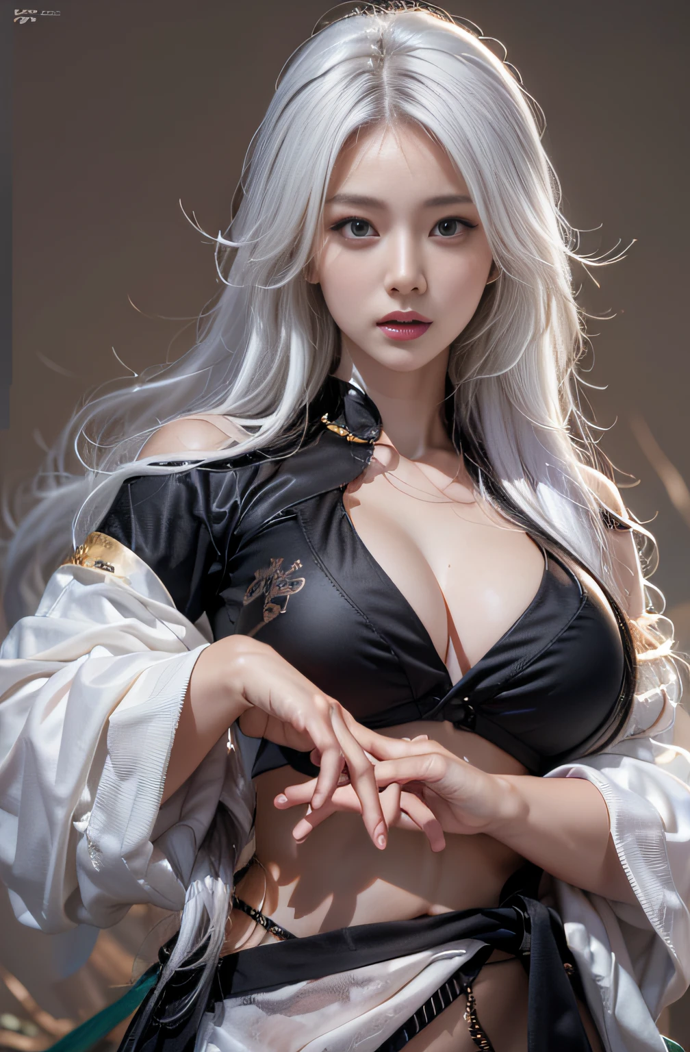 Photorealistic, high resolution, 1 Women, Solo, Hips up, view the viewer, (Detailed face), White hair, Long hair, Medium breasts, Black kung fu suit