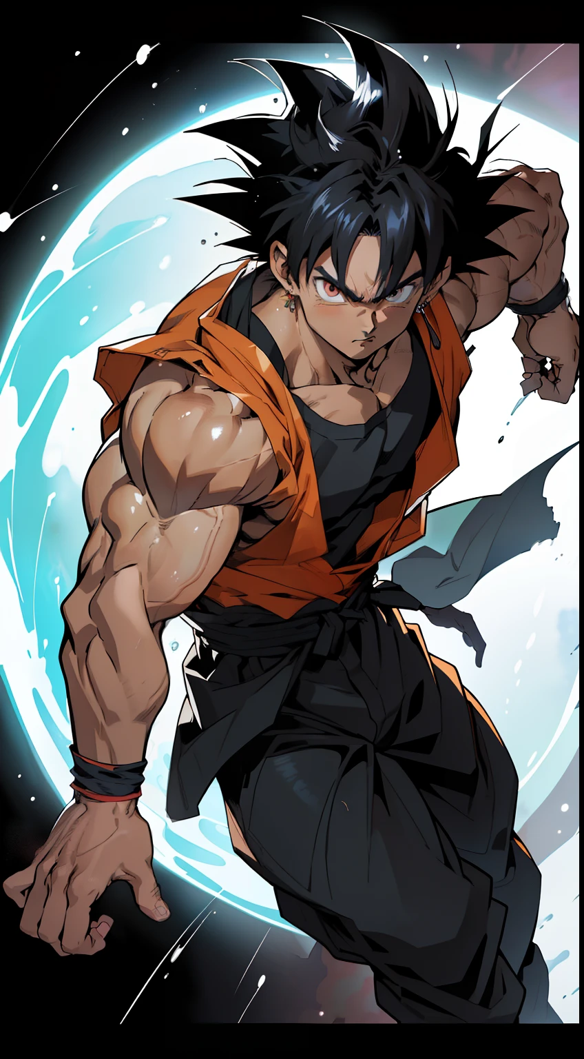 (anime) . ((Son Goku)), black eyes, in the space, full body . (Masterpiece: 1.8), (64k quality), (final fantasy artwork concept), detailed (manga eyes + hair + clothes + body + face + colors + shoulders + eyes (globular + transparent + liquid) + (sharper drawings) + (shiny jewelry) + (clothes folds) + (rounded eyes) + (consistent clothes) + (clothing features) + (eyes line), better (colorful + (coarser line) + (black line) + finishing . [Drawing] (Anime (Manga (Comics))) + (Coarse Line: 1.8) + (Black Line: 1.8) + (Color: 1.8) + (Clean: 1.8) + (Contrast: 1.8) + (Black Outline: 1.8) + (adjusted colors: 1.8) + (shadow set: 1.8) + (manga eyes: 1.8) + ((muscle: 1.8)) + ((bodybuilder: 1.8)), ((made homogeneous: 1.3))