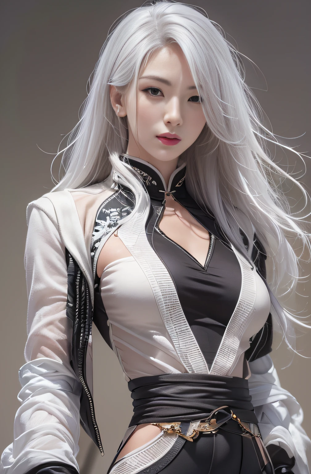 Photorealistic, high resolution, 1 Women, Solo, Hips up, view the viewer, (Detailed face), White hair, Long hair, Medium breasts, Black kung fu suit