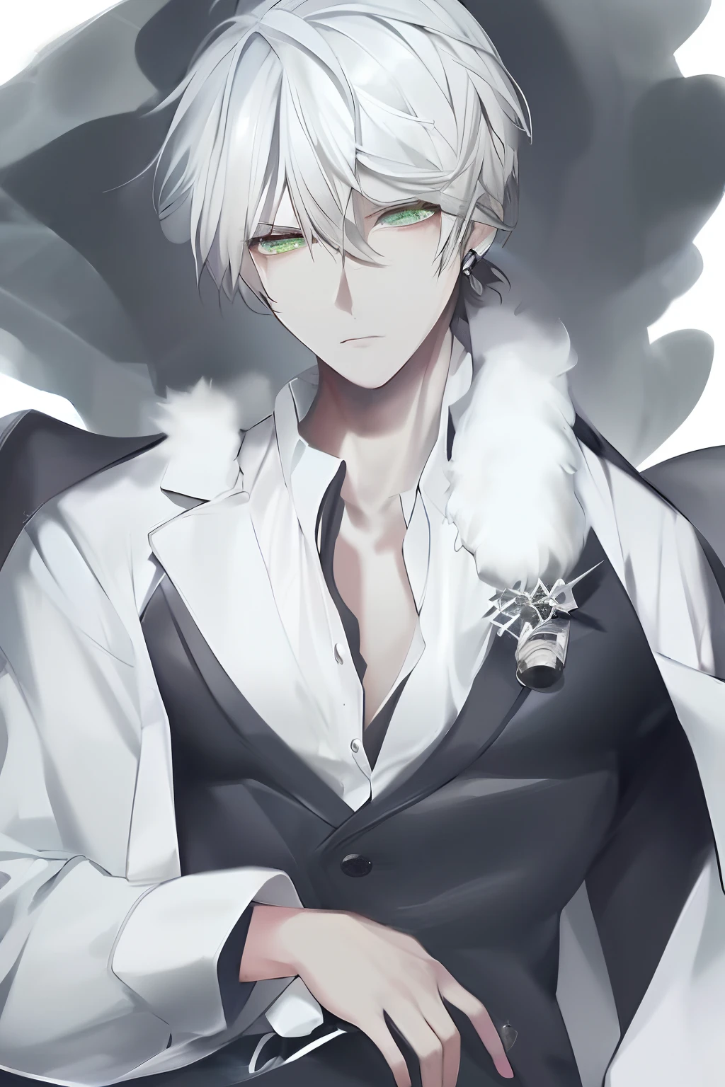 White-haired anime person, Black suit, and white-collar workers, Tall anime guy with blue eyes, male anime character, white haired Cangcang, White-haired, nagito komaeda, Male anime style, ((wearing aristocrat robe)), Anime handsome man, White-haired god, a silver haired mad, hajime yatate, White-haired fox, silver eyes full body,Shyness and light makeup,Shy eyes,Large green pupils,Be red in the face