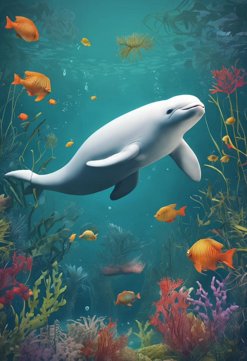 A smiling beluga whale on a blue background,Green aquatic plants,Best Masterpiece,ultra intricately detailed,超高分辨率,fish flocks