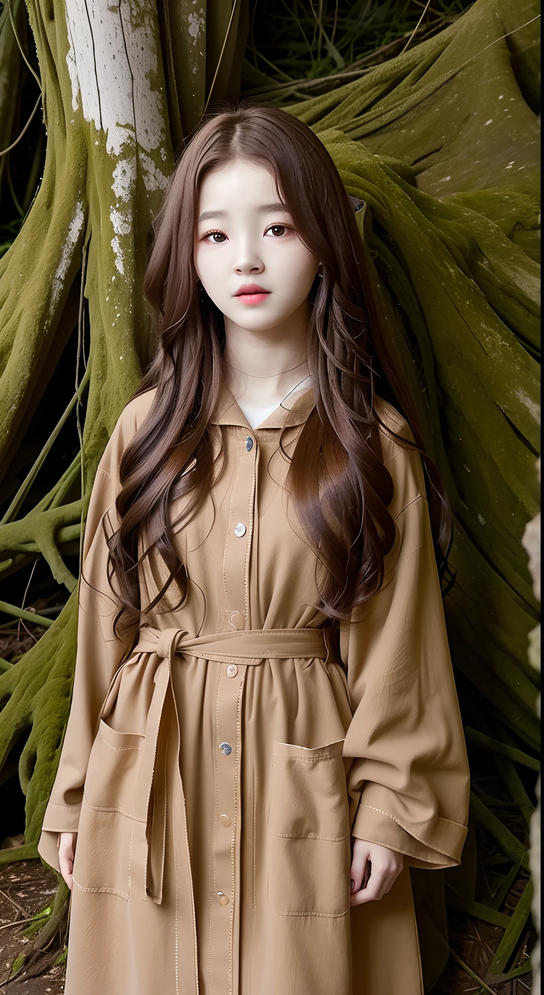 (Nancy McDonie)，"An extraordinary masterpiece, with intricate details, capturing the essence of absurdity (+1.2 creativity boost). A mesmerizing photo of a single girl, nestled in the depths of the dark forest. She stands by a crackling bonfire, dressed in a rustic brown robe."