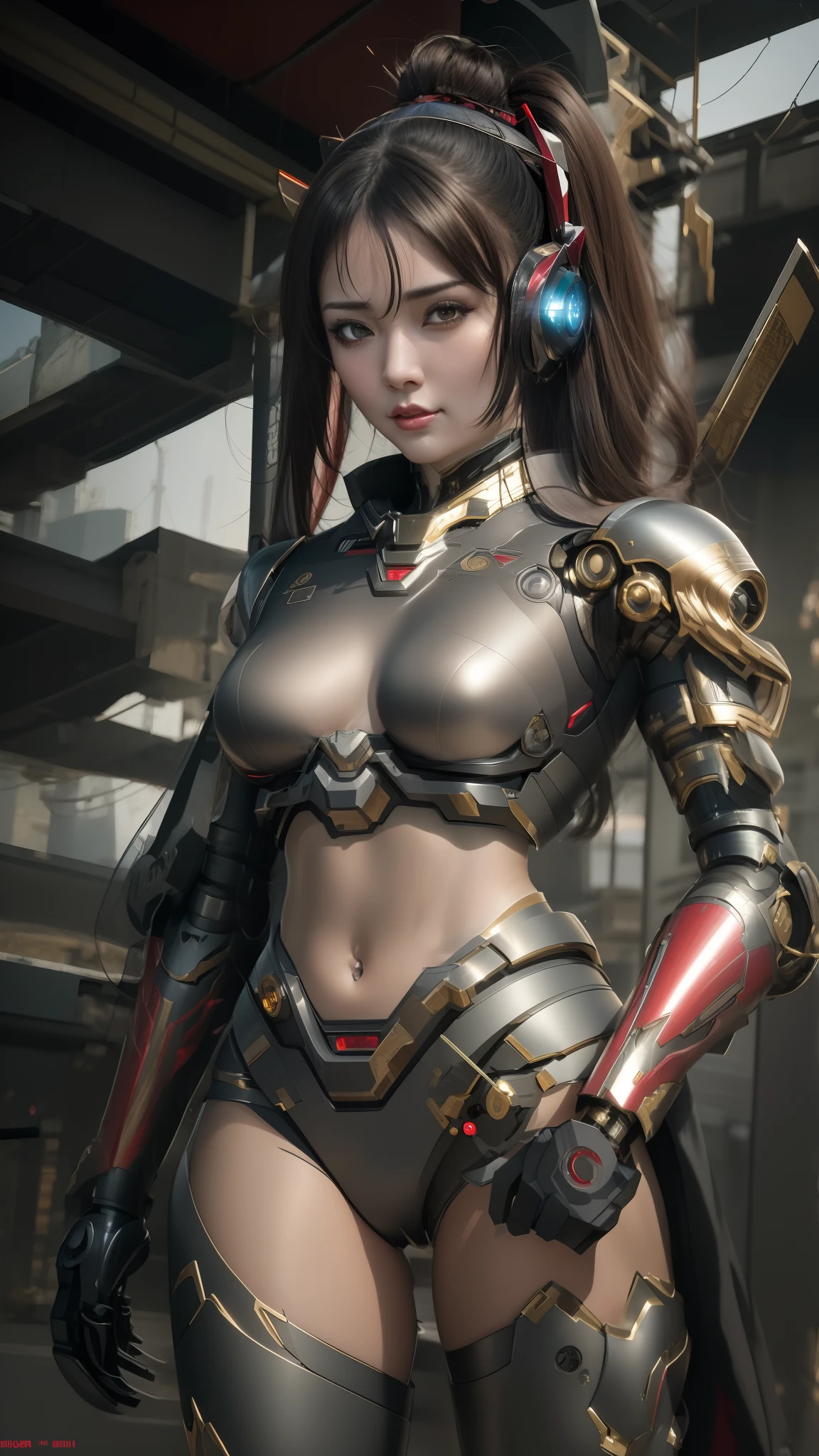 medium full shot of ninja (1 woman) (fierce charming face) wearing futuristic ninja suit with a sword sheated at the back, red scarf. cyberpunk art inspired by Leng Mei, trending on cg society, conceptual art, girl in mecha cyber armor, wearing tech wear armor on arms, chest and pelvis only, armor girl, cyberpunk anime girl mech, as overwatch character, very beautiful cyberpunk samurai weapon, cyberpunk gorgeous goddess face, mechanized Valkyrie girl. realistic, 8k. style of realistic anime, hyper - detailed, zbrush rendering, hyper-realistic sculptures, i can't believe how beautiful this is. high-saturation color, high-definition 3D game character, photography, high definition, intense action scene