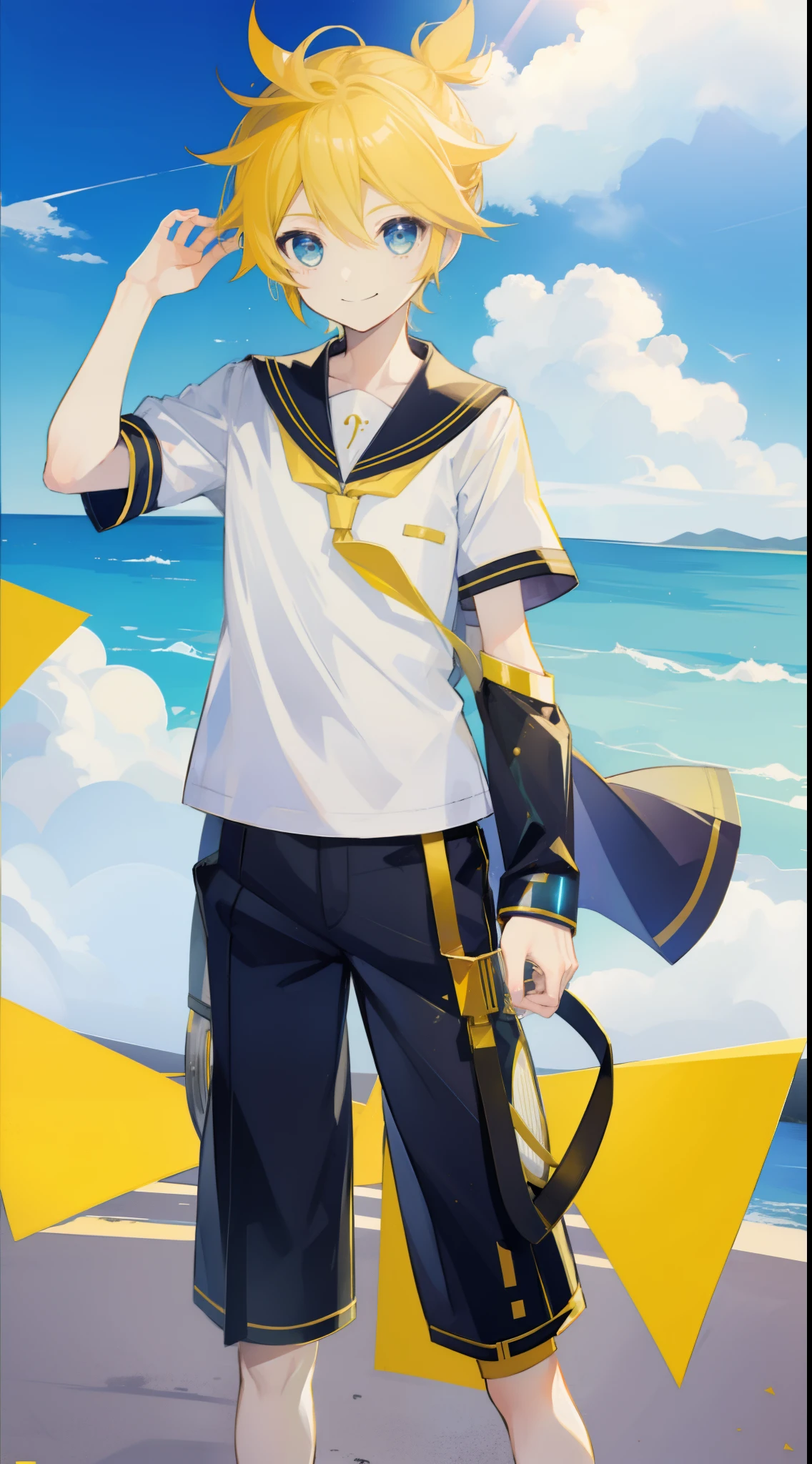 one boy, Len_Kagamine, sailor uniform, short pants, smile, cool, outdoor, character focus, cowboy shot, cool