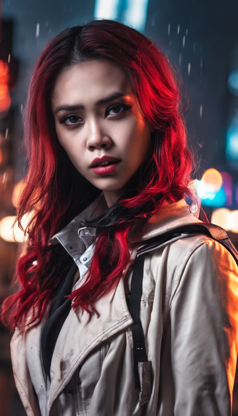 nude young female vampire Vietnamese, young cute vampire, cybernetic fangs, black red and white dyed hair, dual braided hair, leather trench coat only, Photorealistic, city background, Realistic, Dramatic, Dark, Sharp Focus, 8k