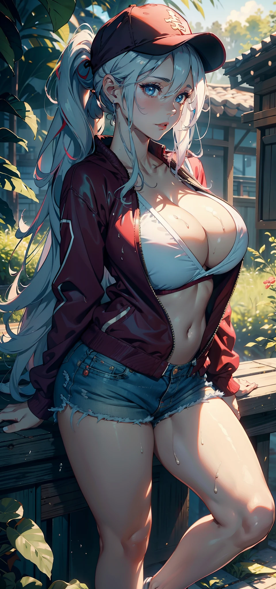 1female,35yo,熟妇,gigantic cleavage breasts,Big breasts Thin waist,long leges,Pornographic exposure, 独奏,(Background with:ln the forest,the rainforest,in summer) She has long pink hair,standing on your feet,Sweat profusely,drenched all over the body,seen from the front, hair straight, mostly cloudy sky,(((tmasterpiece),(Very detailed CG unity 8K wallpaper),best qualtiy,cinmatic lighting,detailed back ground,beatiful detailed eyes,Bright pupils,blue color eyes,Redlip(Very fine and beautiful),(Beautiful and detailed eye description),ultra - detailed,tmasterpiece,)),facing at camera,(Full body photo),Show shoes,A high resolution,ultra - detailed),revealing breasts,Bare genitalia, Lower body elevation,Raised sexy,Camel toes,Flushed complexion,Open-mouthed,frontage,baseball cap(Wearing:Red baseball jacket,Erotic denim shorts,athletic sneakers)nakeness,full bodyesbian,Show shoes