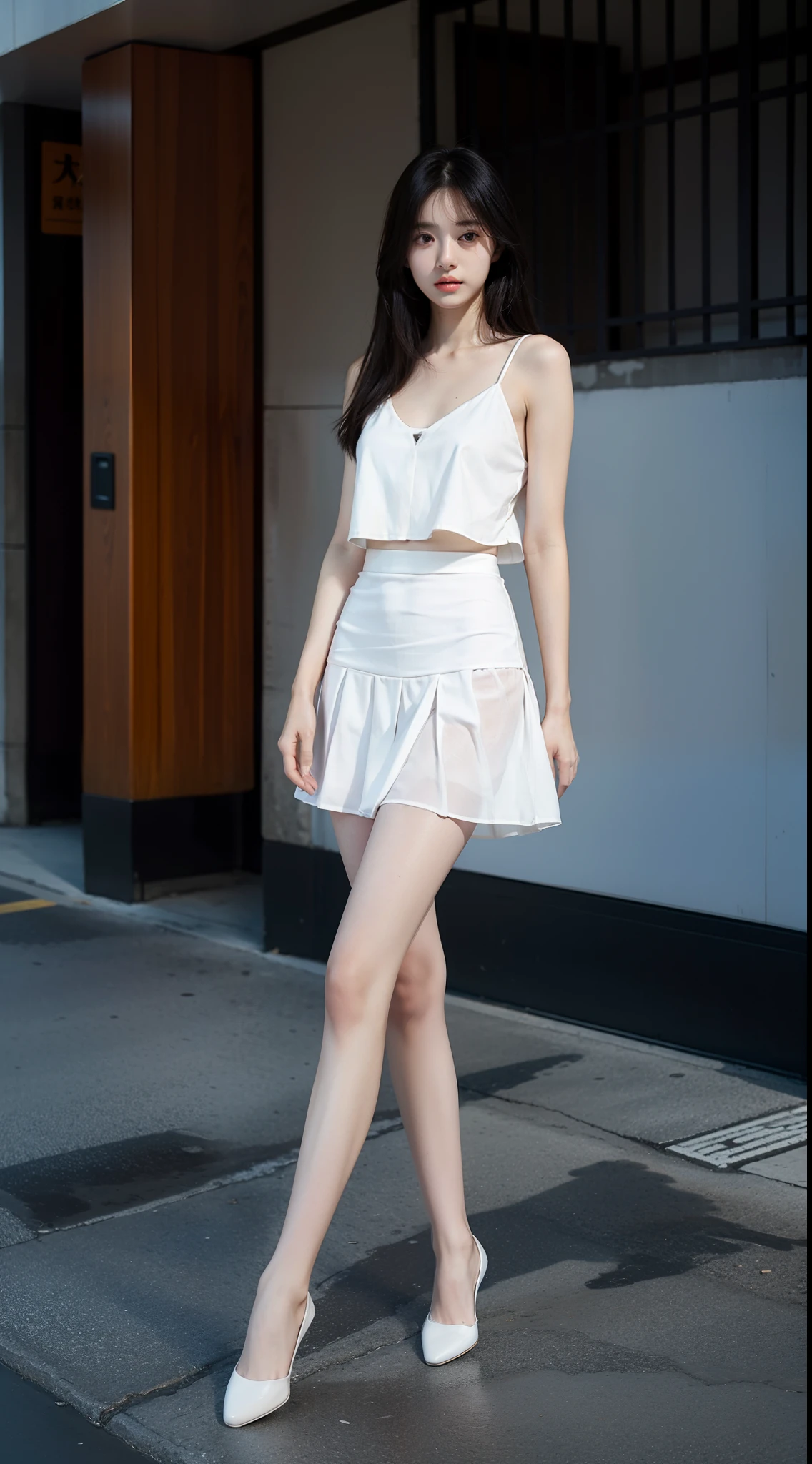 top Quority,Ultra-clear resolution,Clear eyes,plain face,s the perfect face,White skin,Perfect chest,with perfect legs,Long legs,Short black style skirt,Random environment